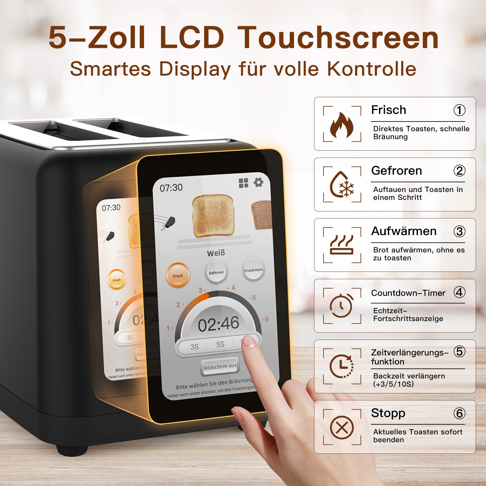 AECO Toaster toastlab ELITE Touch LCD Display, Zwei extra große Toastschlitze, für verschiedene Brotsorten, 850 W, Bräunungsstufen