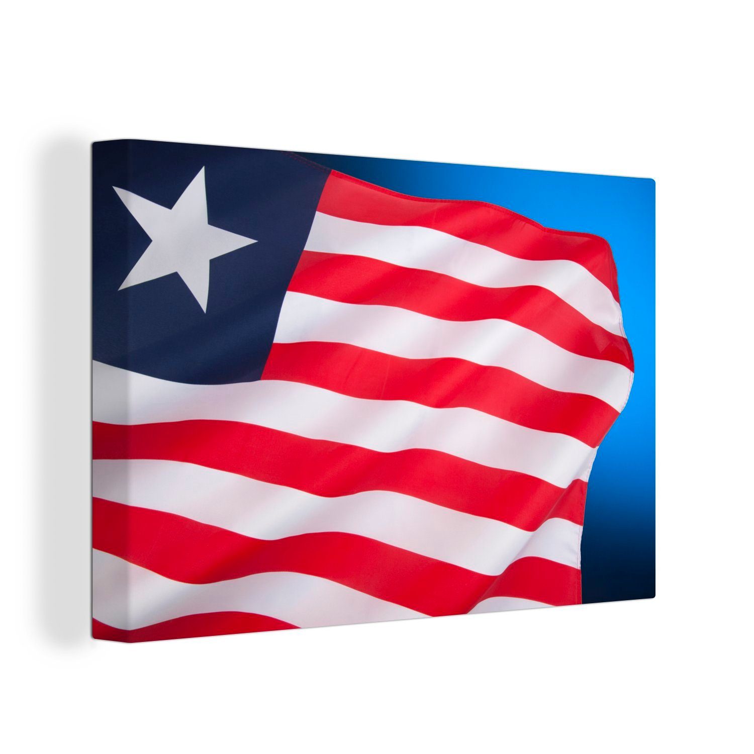 OneMillionCanvasses® Leinwandbild Flagge von Liberia auf blauem und schwarzem Hintergrund, (1 St), Wandbild Leinwandbilder, Aufhängefertig, Wanddeko, 30x20 cm
