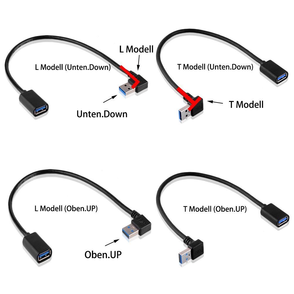 euroharry 4 x USB 3.0 Modell - L/T Winkel Adapter - 90° Grad Computer-Kabel