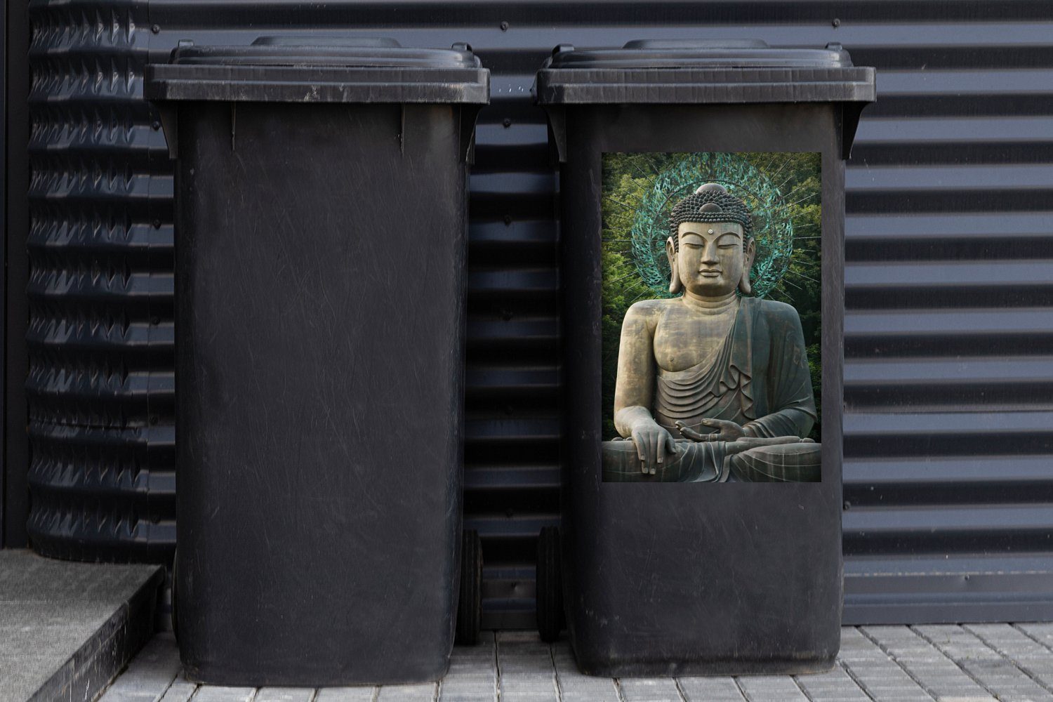 Buddhas Abfalbehälter Sticker, in MuchoWow Wandsticker Mülleimer-aufkleber, Statue eines St), (1 Mülltonne, Container, Südkorea