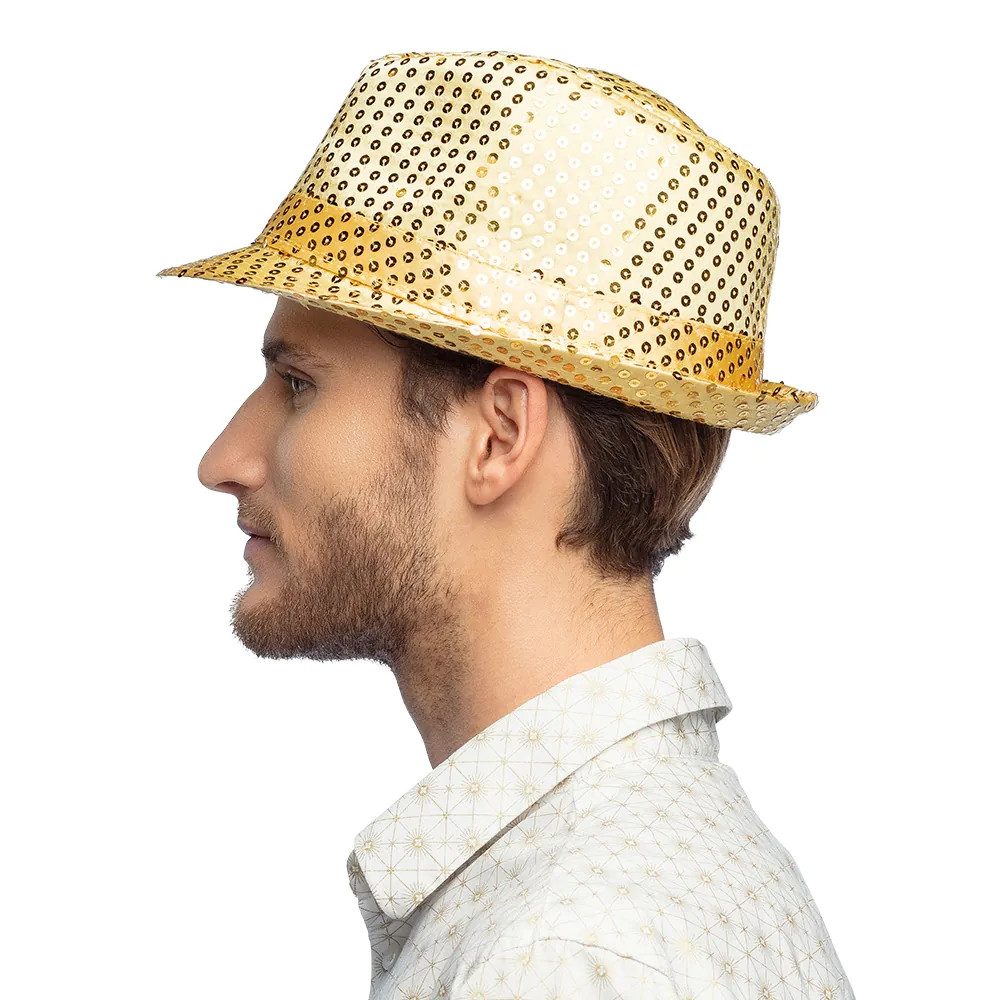 Boland Kostüm Pailletten-Hut glitzernd Popstar Hut goldfarben für Karneval Disco, farbenfrohes Basic-Accessoire für Karneval, Disco und Festivals