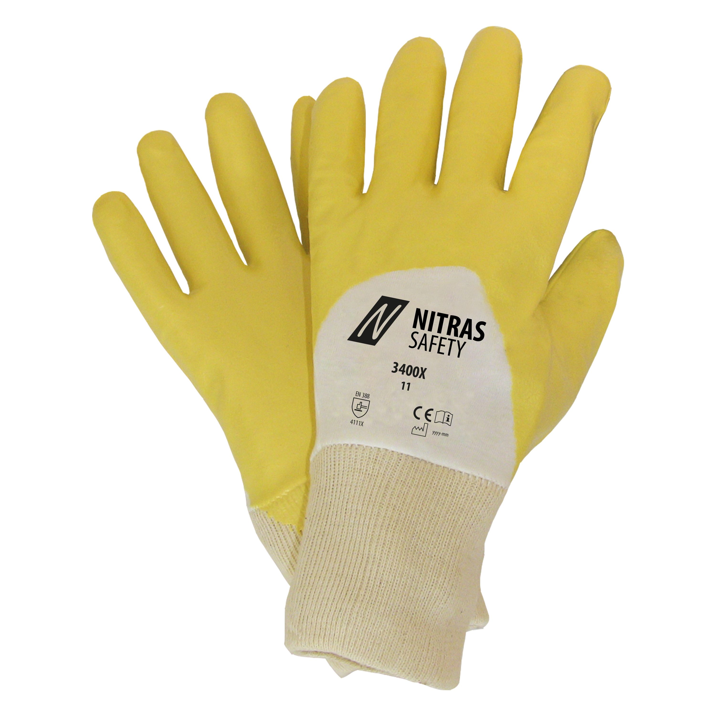 Nitras Nitril-Handschuhe Arbeitshandschuh-Gelb 3/4 beschichtet 3400X (Packung, 12-St., VPE= 12 Paar, Gr 7-11) Atmungsaktiv/Strickbund