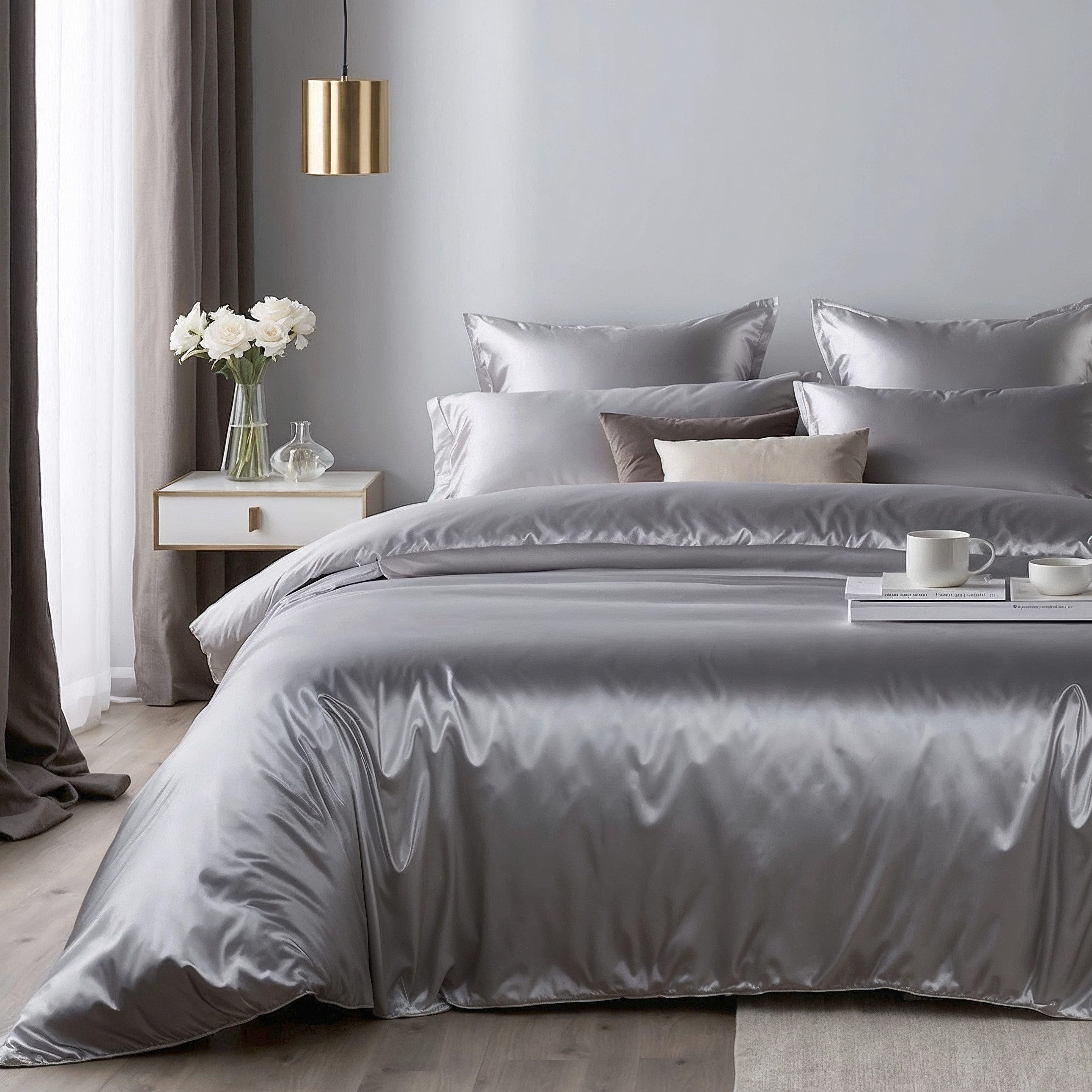 Cozyor Bettwäsche Satin glänzend 135x200, 155x200, 155x220, 200x200cm mit Reißverschluss, Satin, hellgrau Moonlight, 2 teilig, Edel und hochwertig – Bild 5 von 5