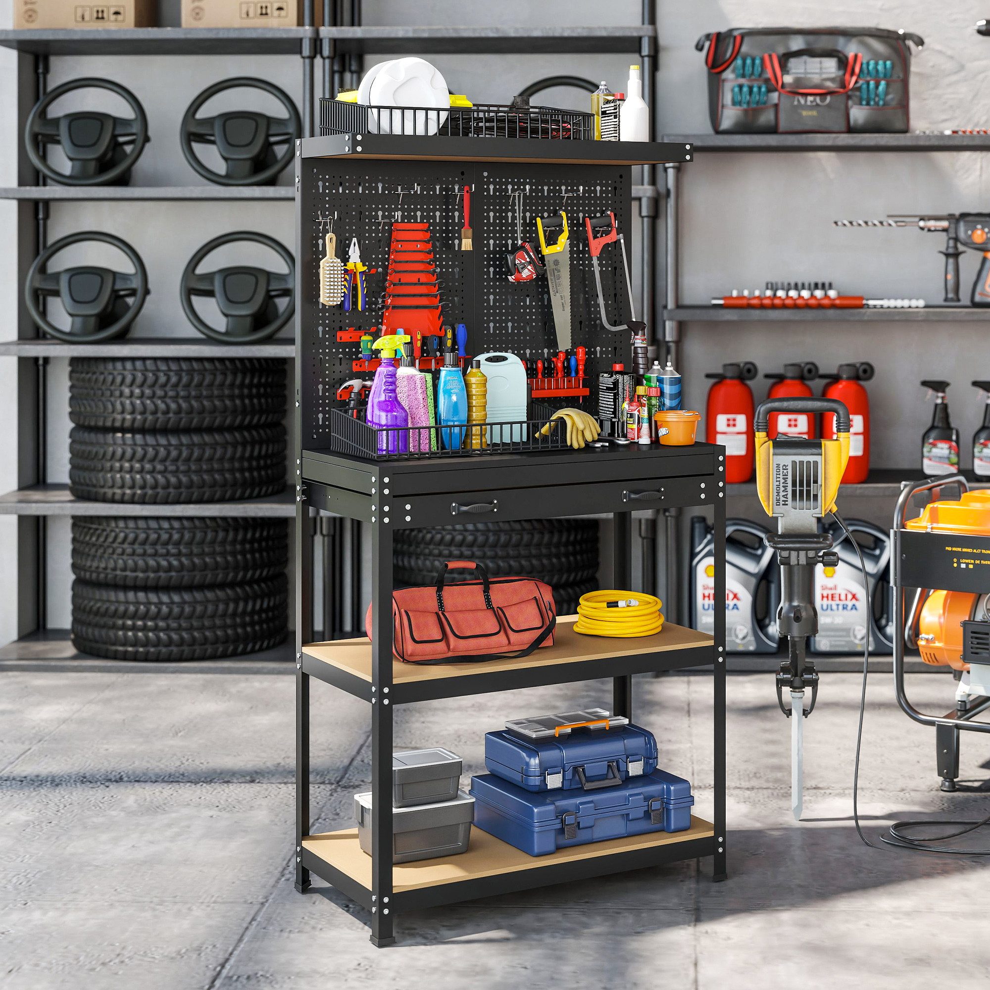 HOMCOM Werkstatt-Set mit Regale, Schublade, (Werkstatteinrichtung, 1-tlg), für Garage, Werkstatt, Schwarz