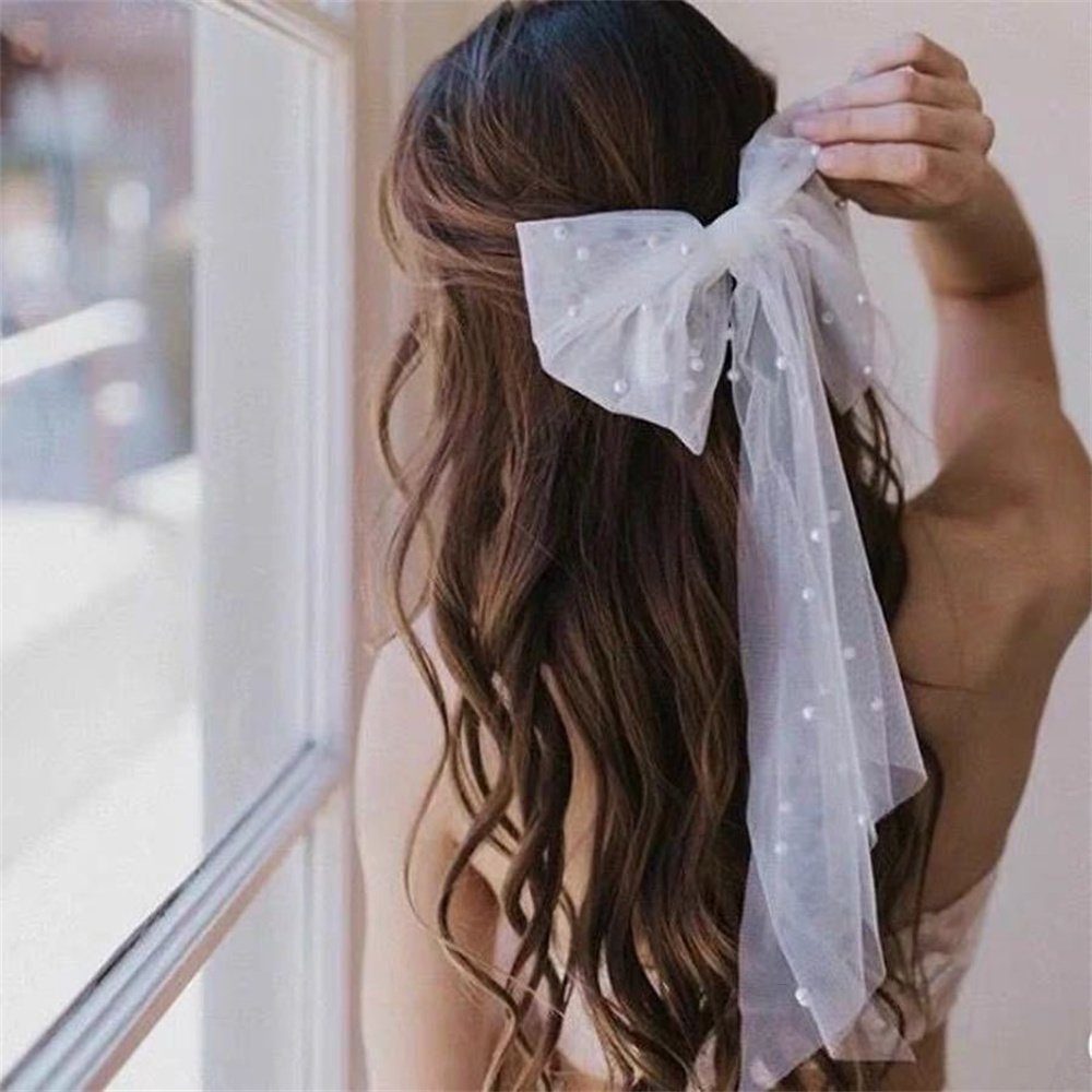 ManKle Perlenschleife Elegante Tüll,mit Haarspange Schleier lange Schleife