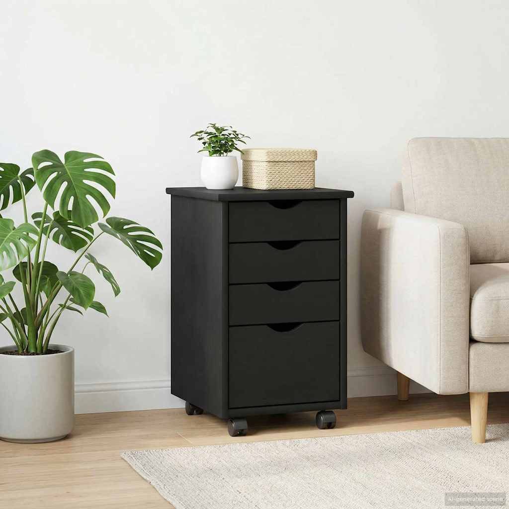 vidaXL Rollcontainer Rollschrank Schwarz 34 x 39 x 56 cm Massives Kiefernholz, (1 St)