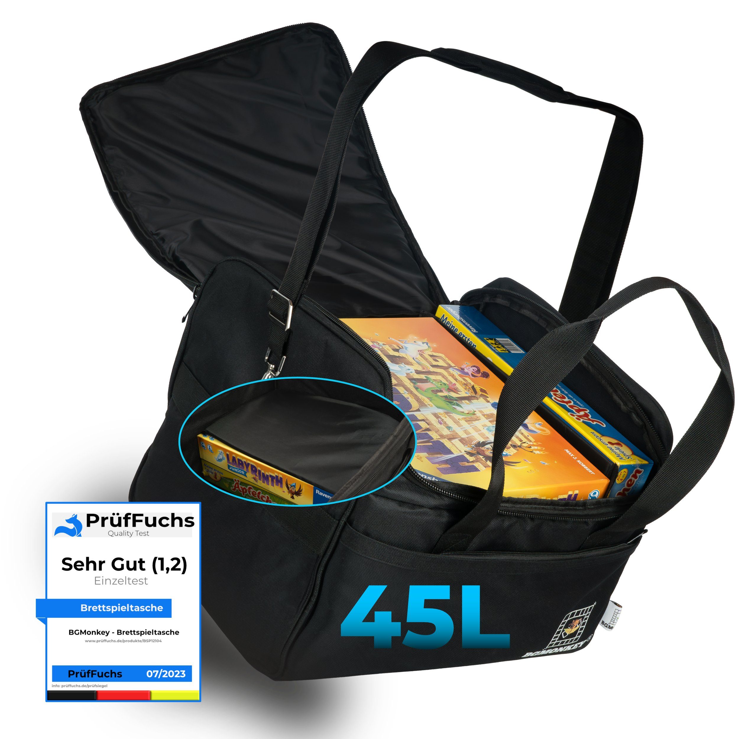 BGMONKEY Spiel für den sicheren Transport von Spielen - mit hoher Kapazität, Premium Brettspieltasche, Spieletasche- Tasche für Spiele, Reisetasche gepolstertem Innenraum und verstellbaren Fach