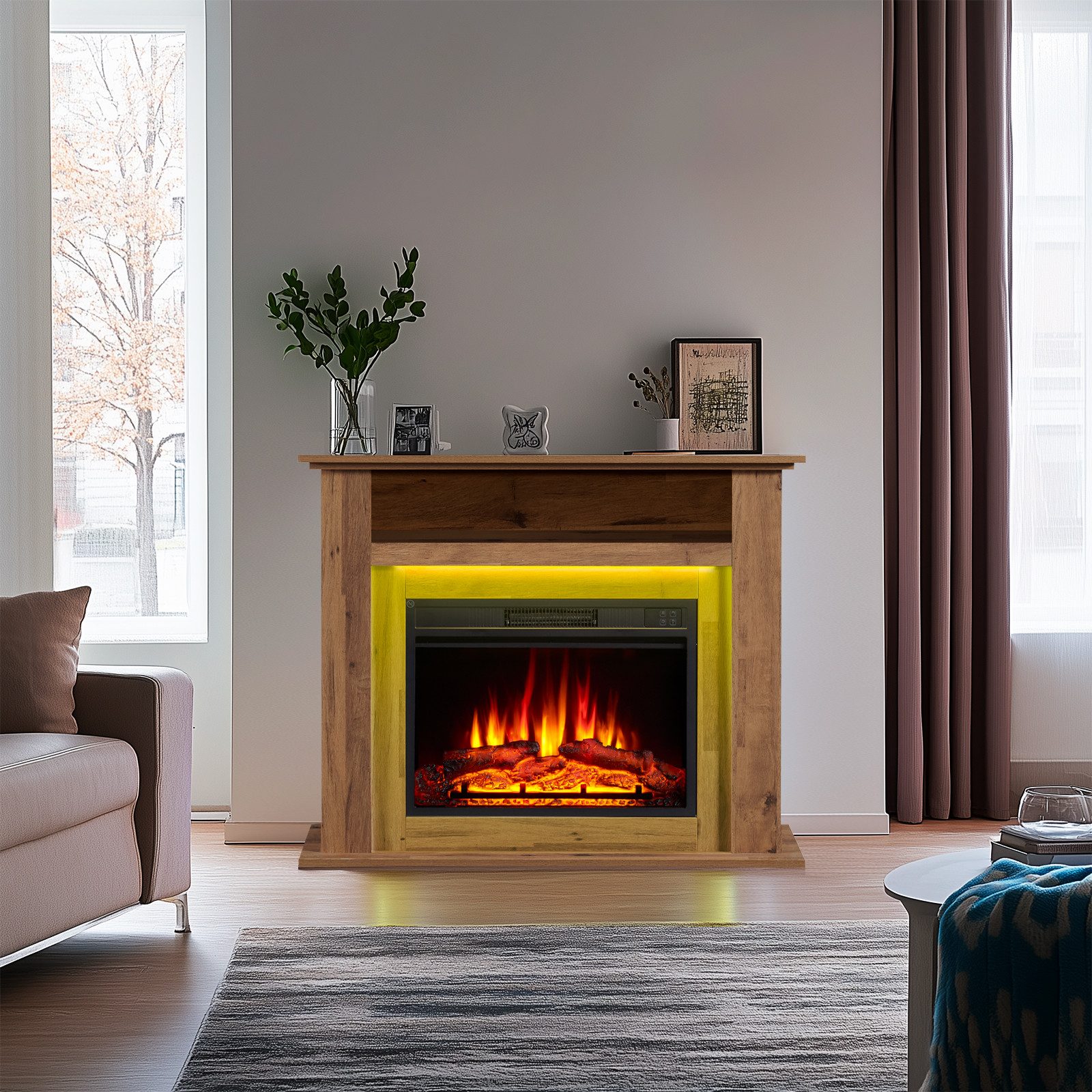 Balderia Elektrokamin Liora, Standkamin mit Ablagefach, 3D-Flammeneffekt, LED-Beleuchtung, Heizung