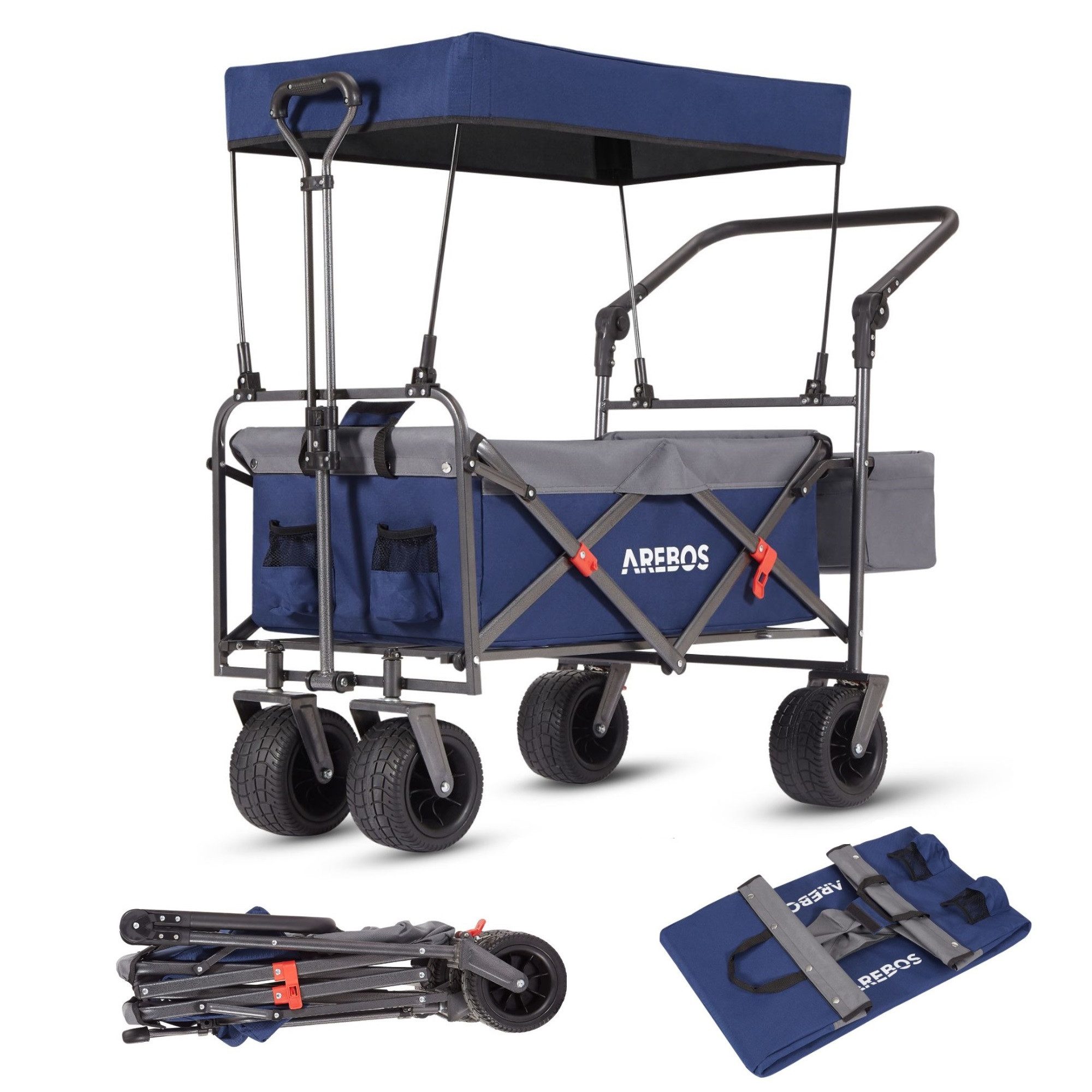 Arebos Bollerwagen faltbar mit Dach Handwagen 100 kg, wasser- & schmutzresistent (Blau/Grau), wasser- & schmutzresistent