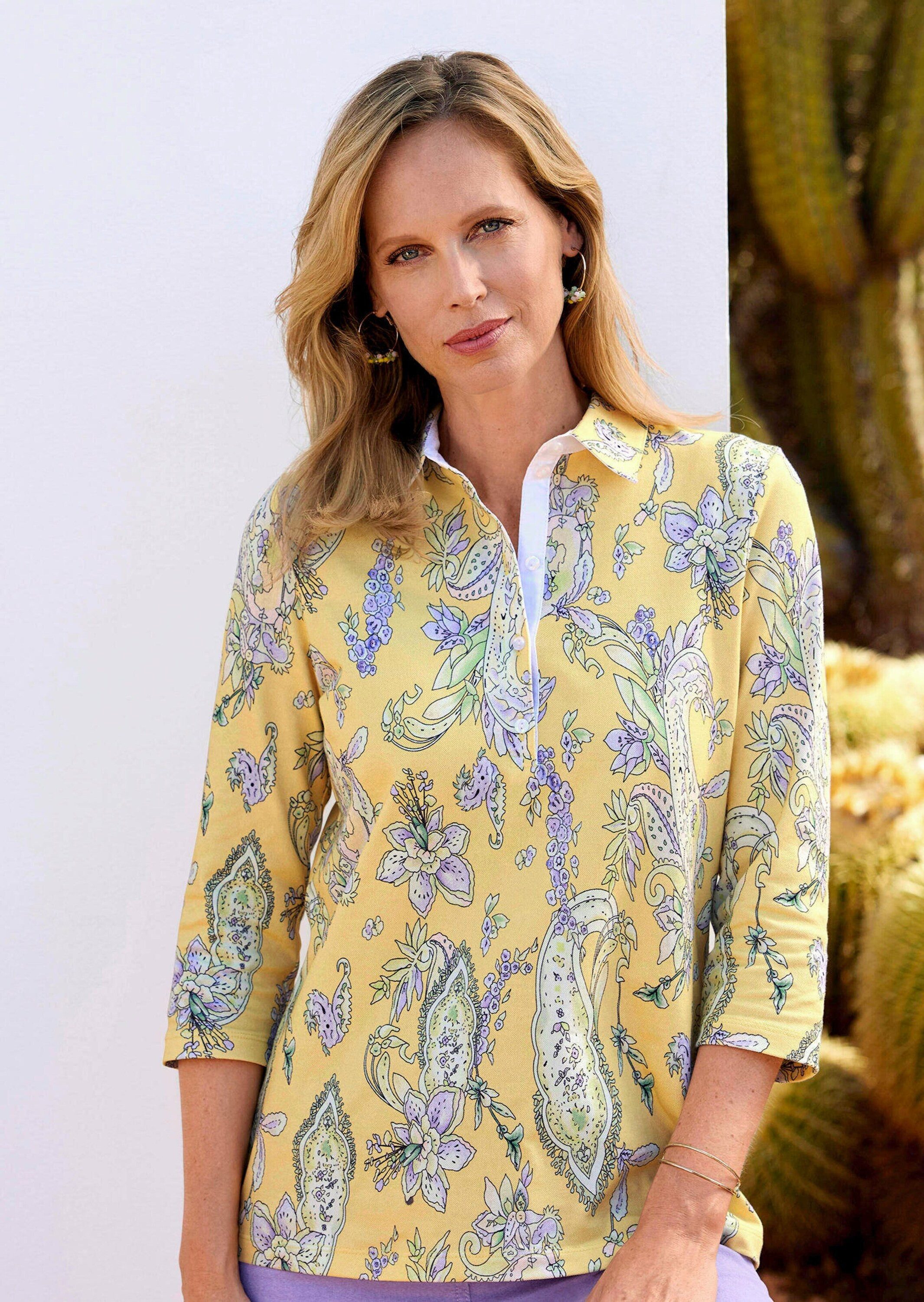 GOLDNER Print-Shirt Druckshirt mit Paisley-Muster Baumwollshirt mit Polokragen, Knopfleiste und 3/4-Arm