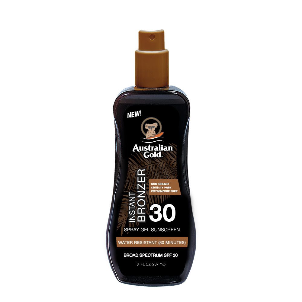 Australian Gold Sonnenschutzgel Australian Gold Spraygel mit Bronzer SPF30 237 ml, 1-tlg., Mit Aloe Vera und Kakadupflaumenextrakt zur Hautpflege
