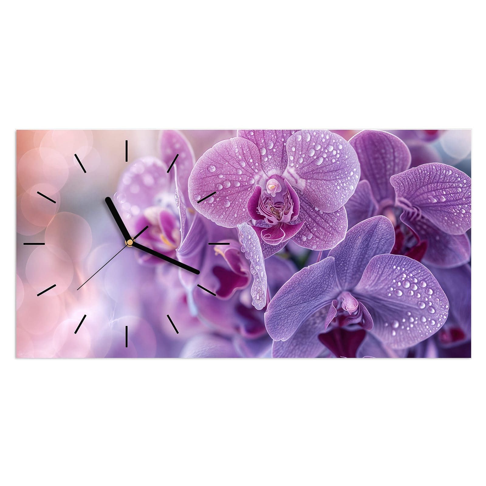Wanduhr Glasuhr Wandkunst Größe 60 x 30 cm mit Motiv Orchideenblüten