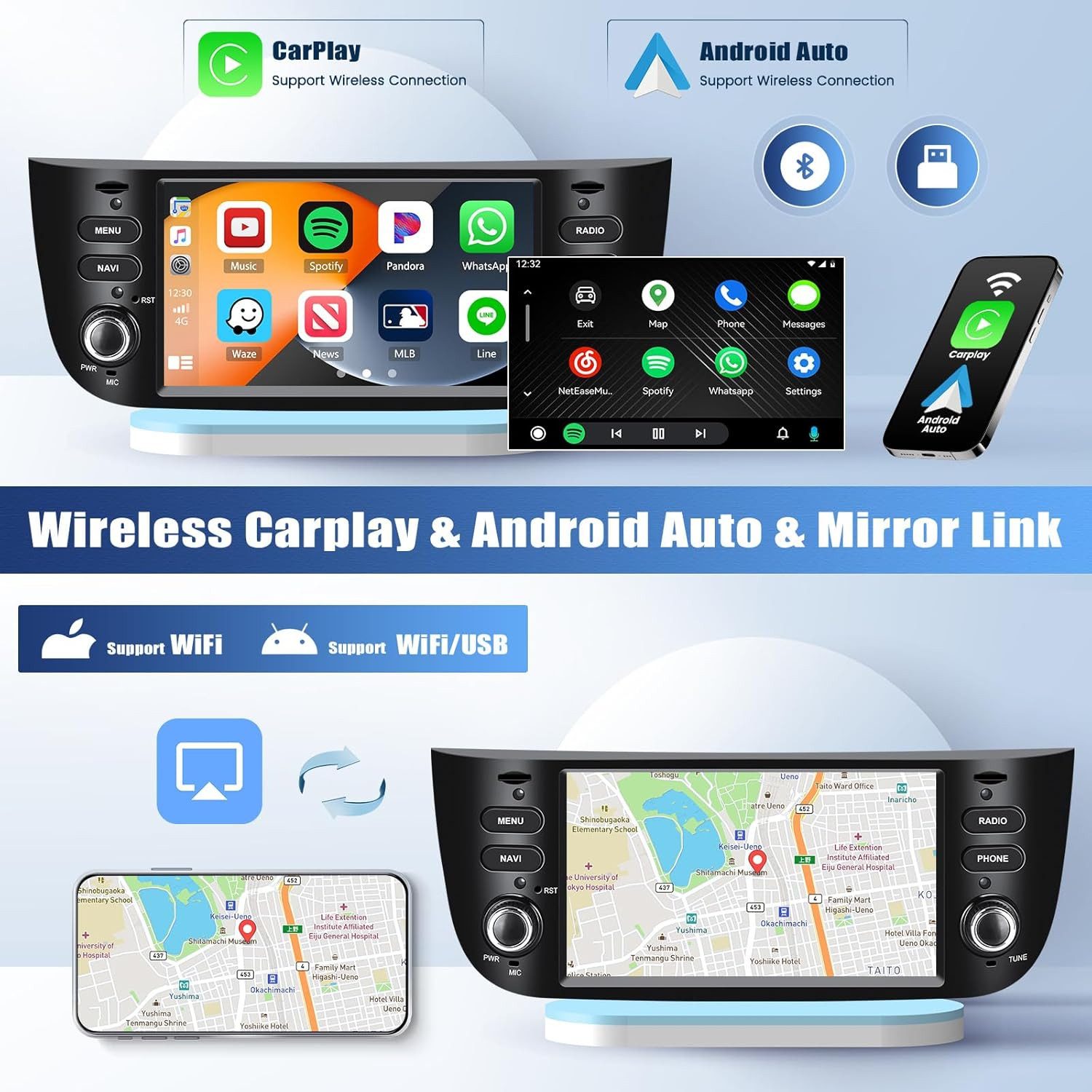PODOFO 2G+64G Android 13 Autoradio für FIAT, 6,2" mit Mirror Link GPS Navi FM Autoradio