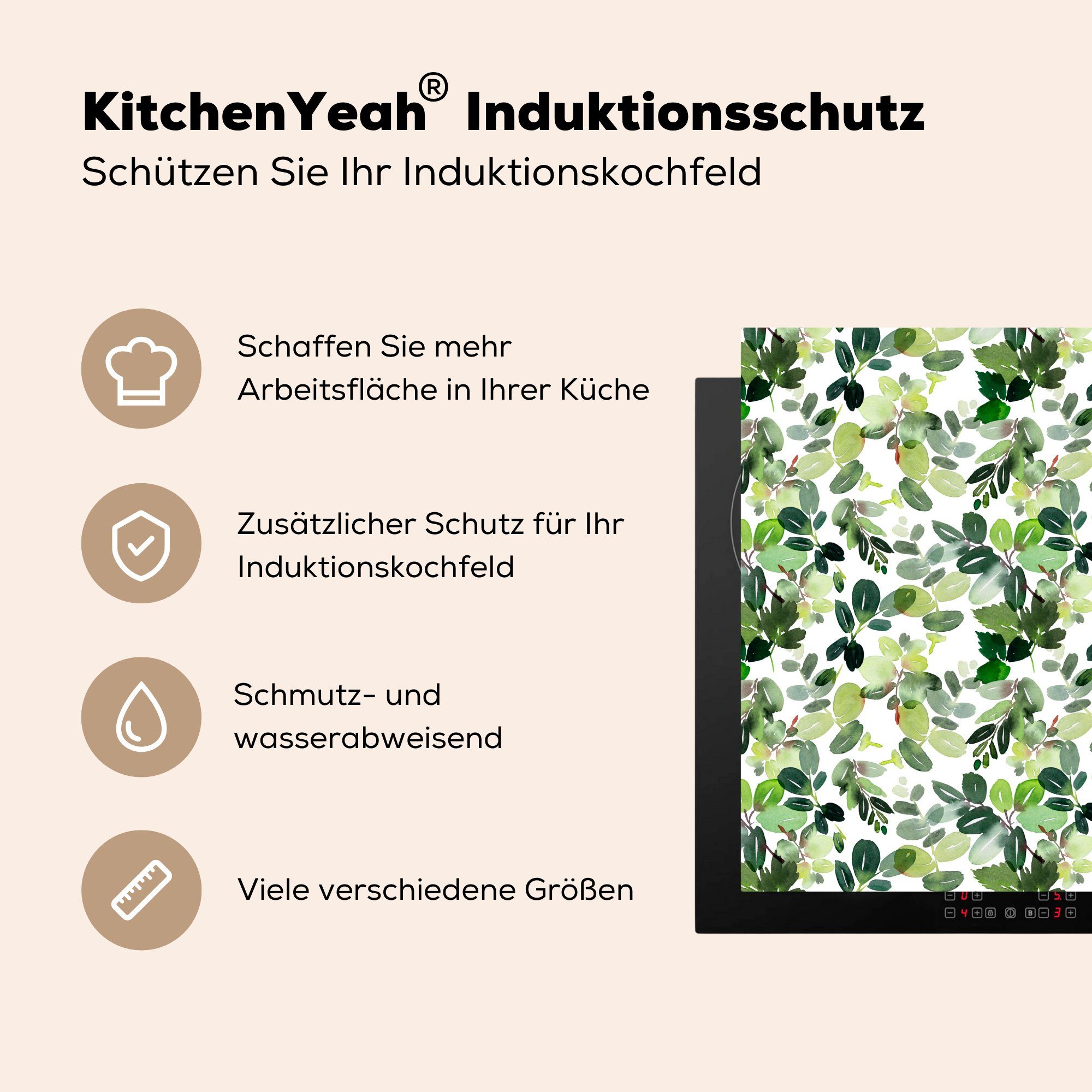 MuchoWow Herdblende-/Abdeckplatte Pflanzen - Aquarell cm, Grün, Ceranfeldabdeckung, küche für tlg), 78x78 (1 Vinyl, Arbeitsplatte 