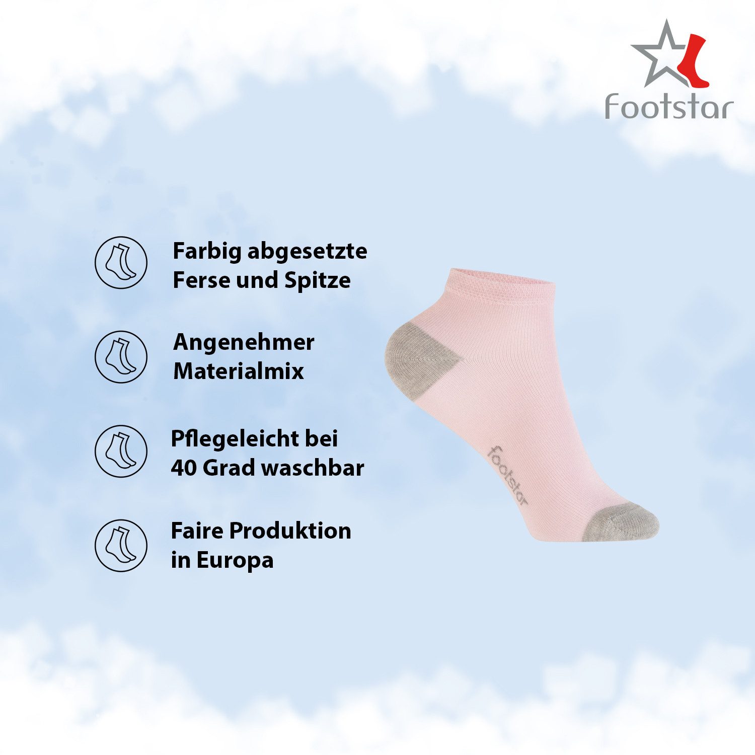 Footstar Kurzsocken Kinder Baumwoll Kurzschaft Socken (10 Paar) Ferse-Spitze