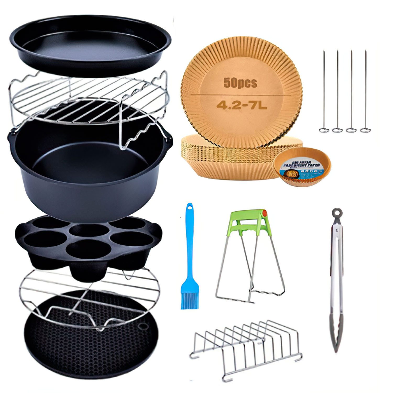 SURFOU Backform Heißluftfritteuse Zubehör 8 Zoll 11-Teilige für Airfryer 3.5L- 5.5L, für Philips Airfryer 7,2L, 8,3L, COSORI 5,5L, Tefal 6,5L, Cecotec 6L