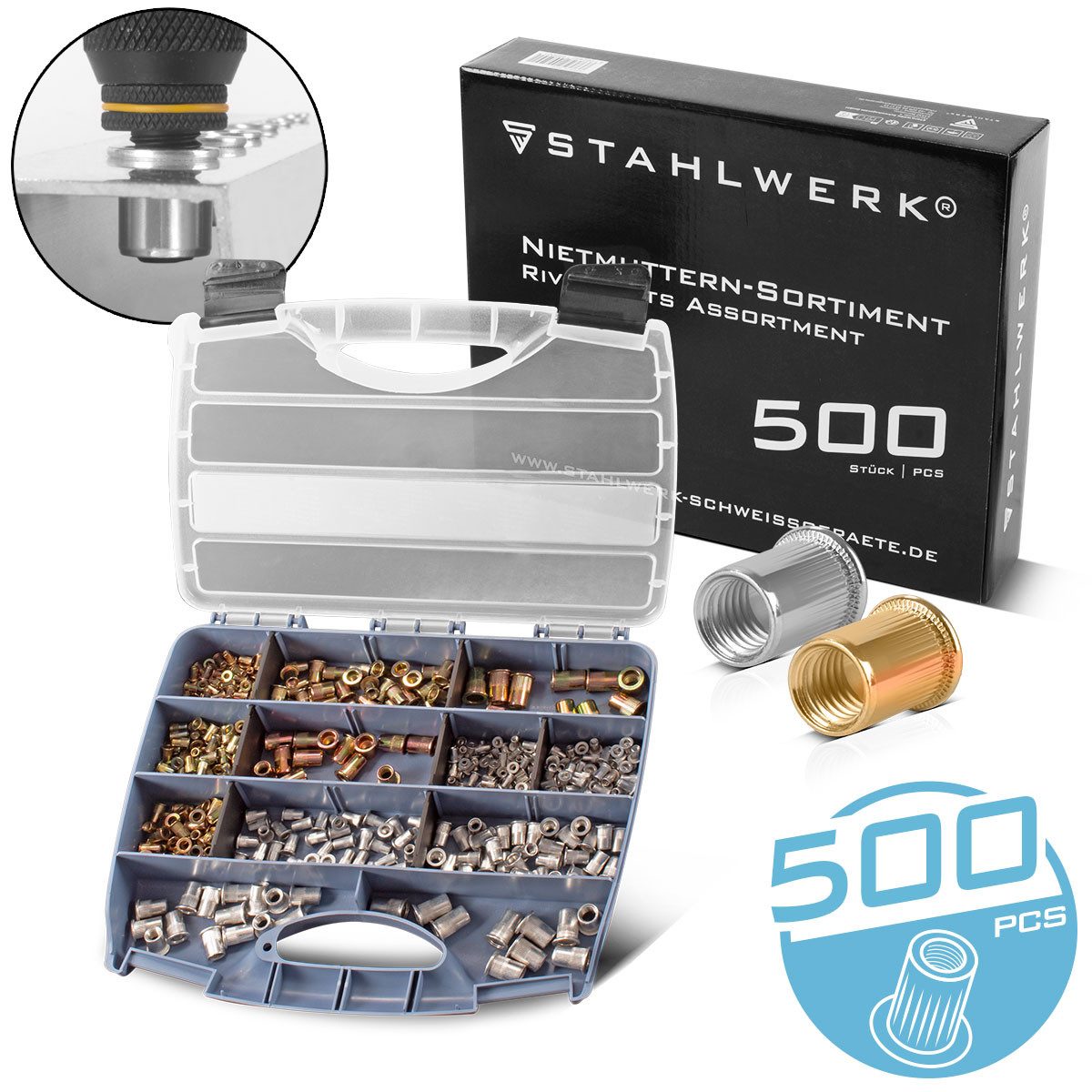 STAHLWERK Blindniete Nietmuttern Set 500-teilig Gewindenieten, (Set, 1 St), mit praktischen Koffer