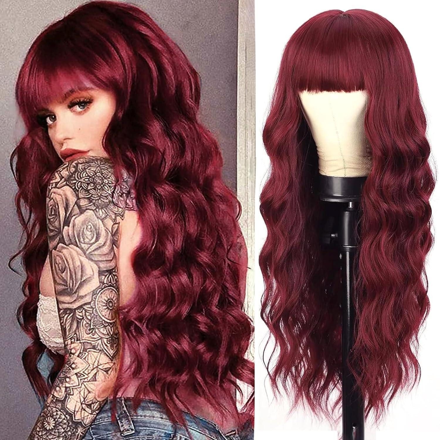 LuxusKollektion Kunsthaarperücke Perücke Damen Rot Pony Lang Wellig Locken Haare 28 Zoll Weinrot