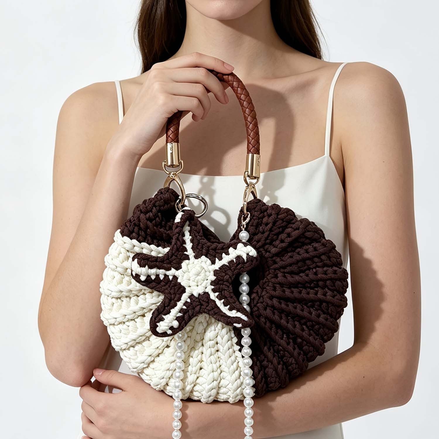 Oemmn Handtasche Handgewebte Muschel-Hobo-Tasche für Damen, gehäkelt, Sommer