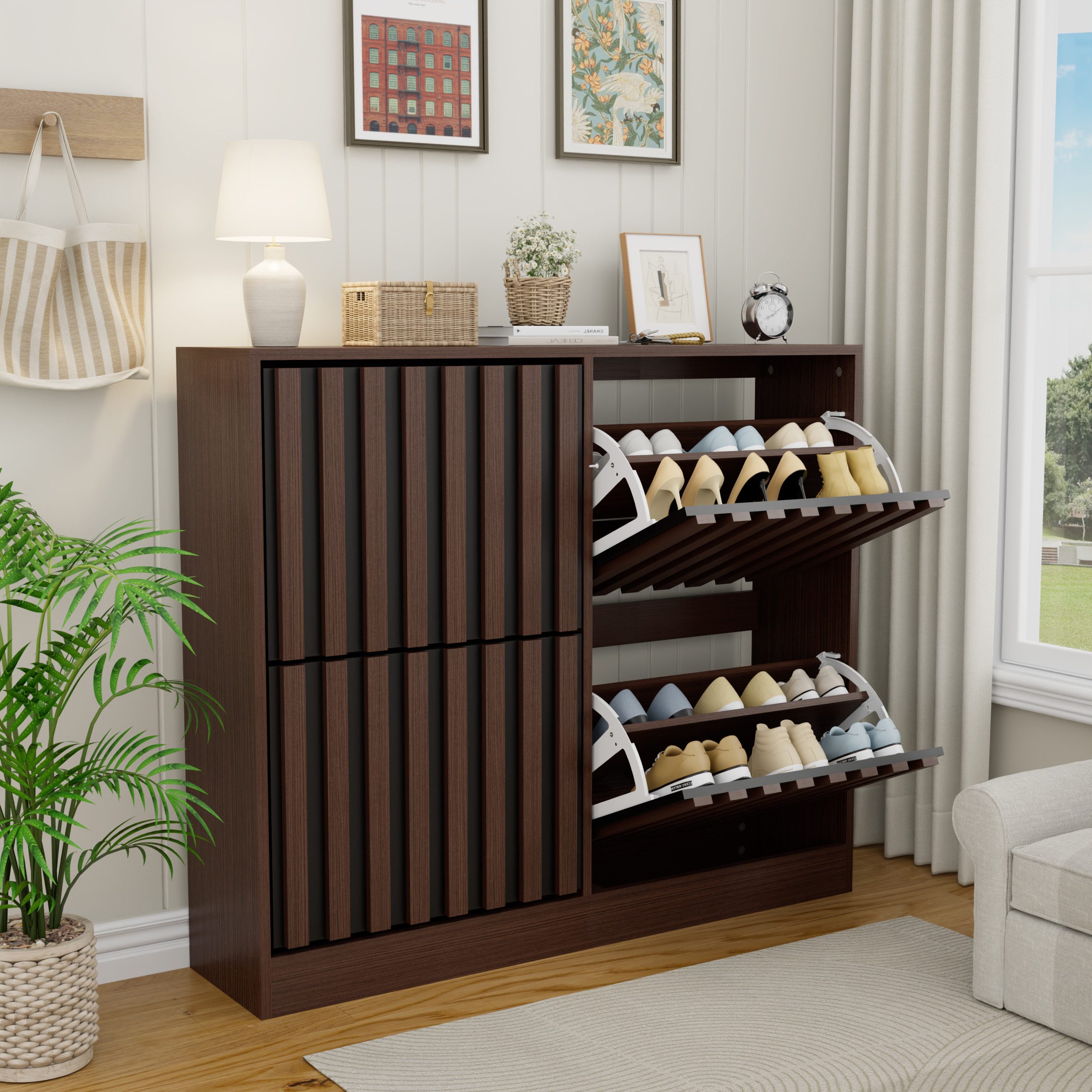 UEV Schuhschrank mit 4 Klappen, Schuhregal Schmal,102x24x86,5cm Schuhkipper Holz (Packung, Schuhkommode mit Kippschutz) verstellbare & herausnehmbare Trennwände – Bild 2 von 5