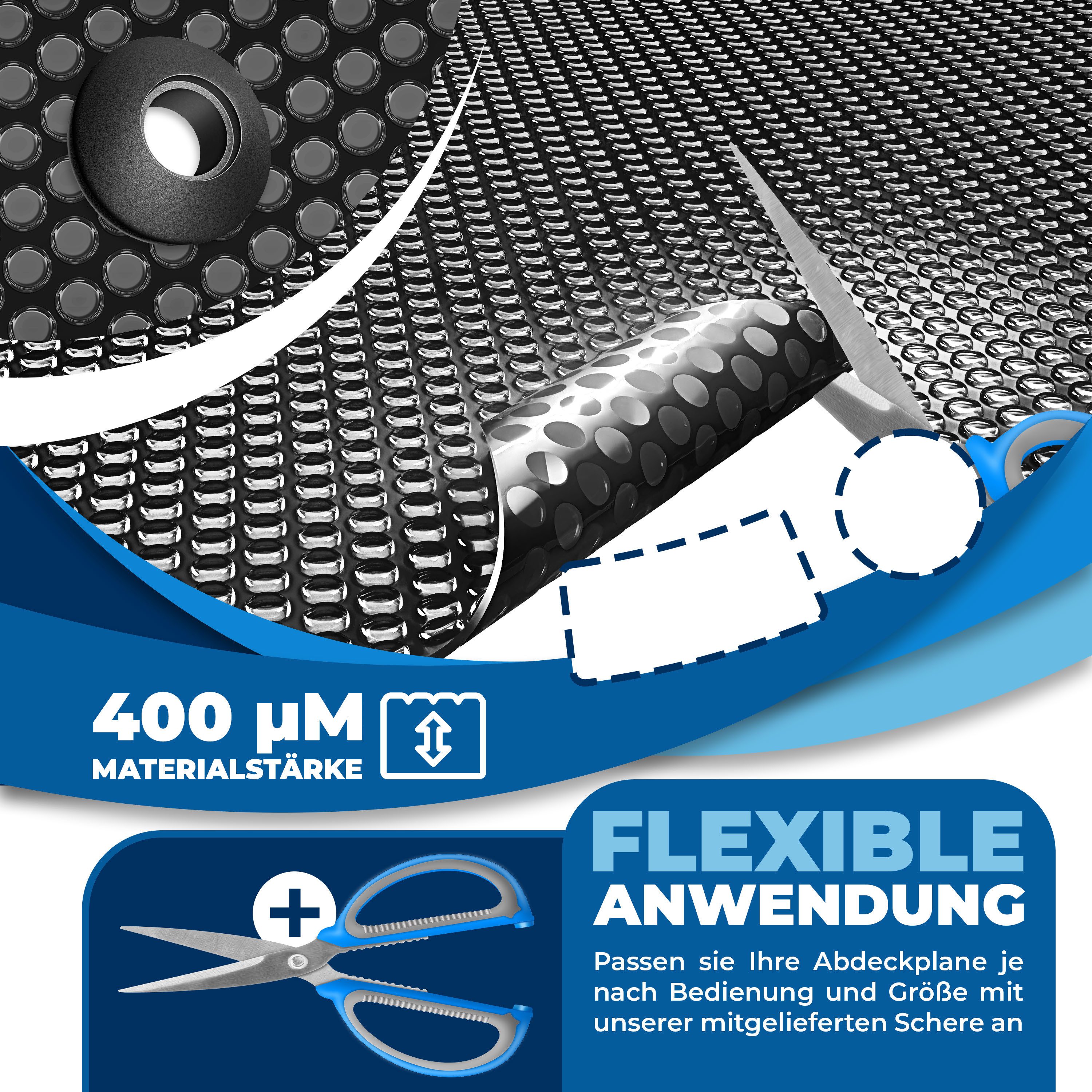 KESSER Solarabdeckplane Pool Solarfolie 400 µm Solarplane, Poolabdeckung zum zuschneiden (Solarabdeckung mit Schere, Lochzange & 12 Ösen zur Fixierung), flexible Poolplane für Wassererwärmung Solarabdeckung
