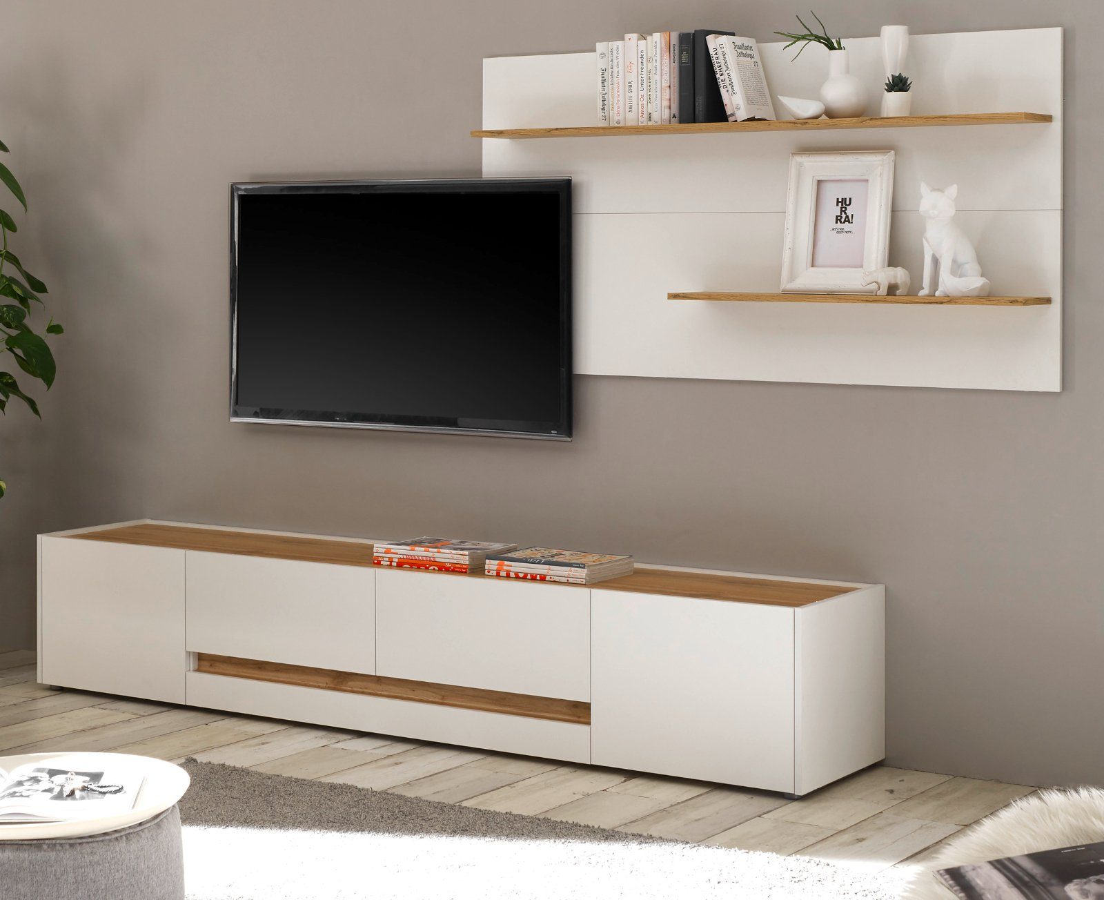 Wohnwand TV-Lowboard cm), mit - 320 Breite weiß Eiche, Furn.Design mit großem Wotan in 230 (TV Wohnkombination Center,