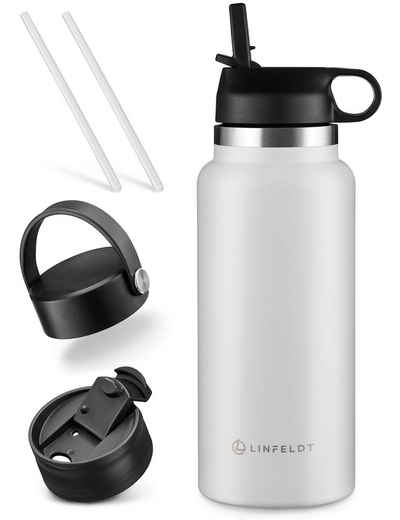 LINFELDT Trinkflasche 1000ml mit 2X Strohalm & 3 Deckeln + CO2 Ready 24H Kalt 12H Heiß, 3 Aufsätze + 2 Strohhalme