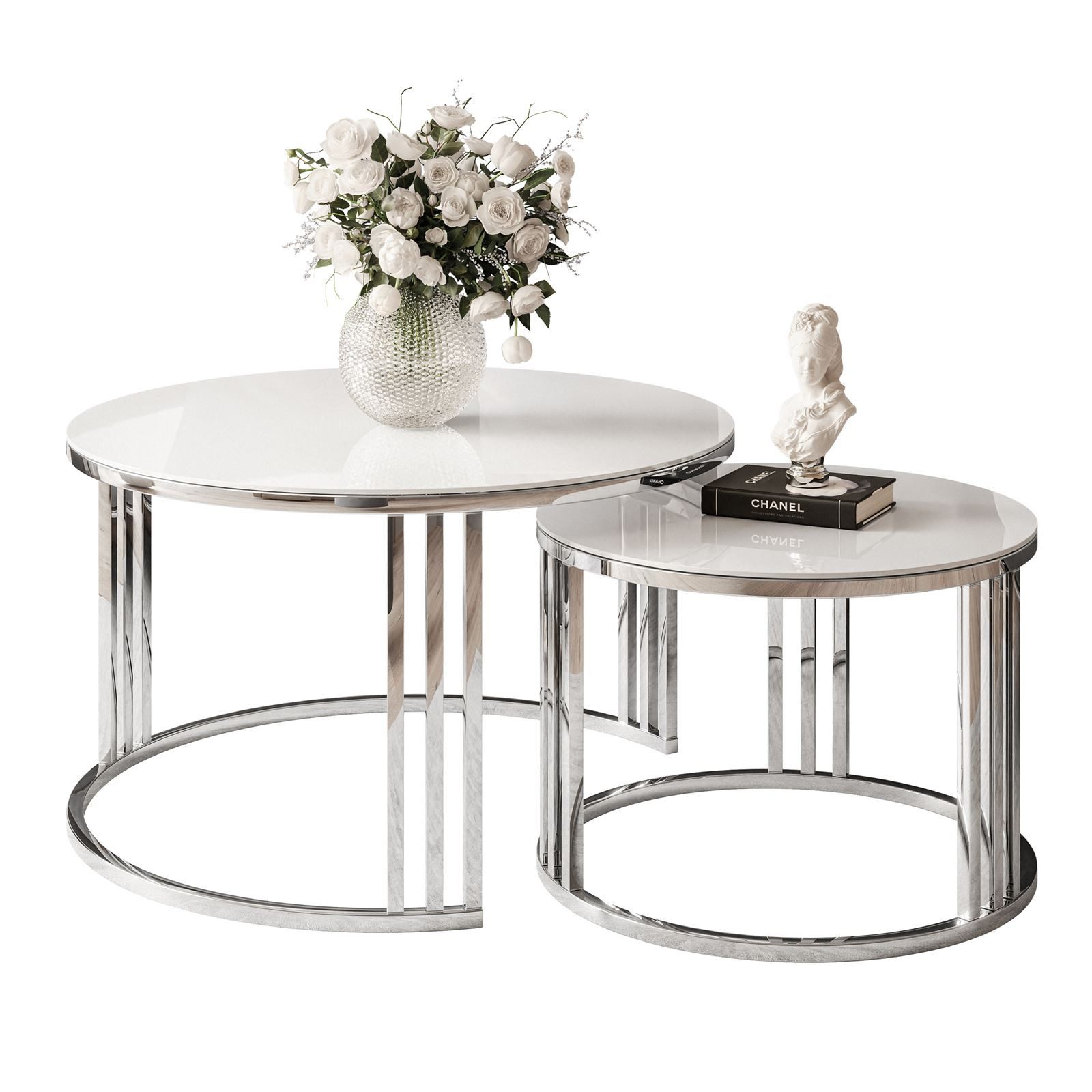 Couchtisch LORI 2in1 GLASS runder Couchtisch mit silber chrom Gestell