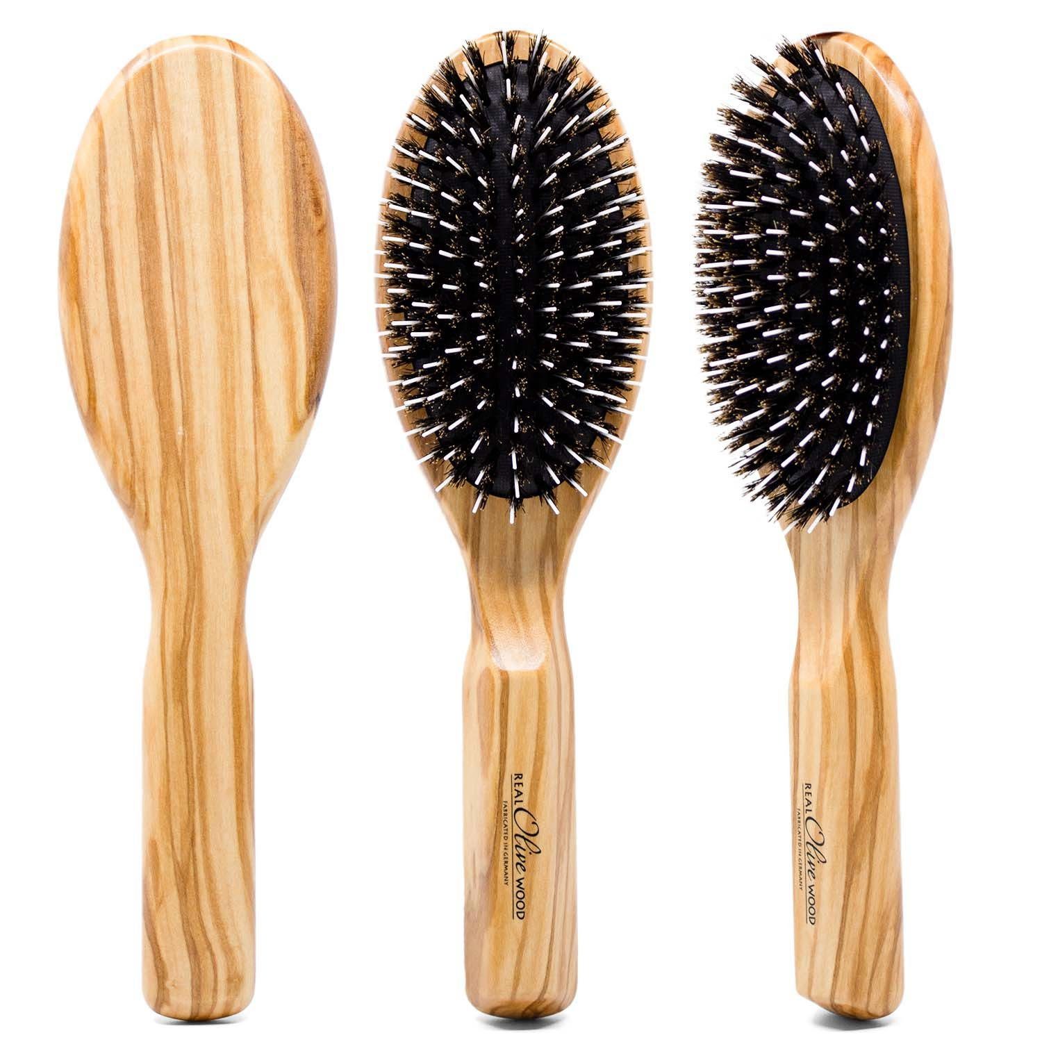 Landshop24 Haarbürste Keller Olivenholz Bürste mit Wildschweinborsten und Frisierpin, 11 Reihen mit Pneumatikkissen 1-tlg., Hergestellt in Deutschland