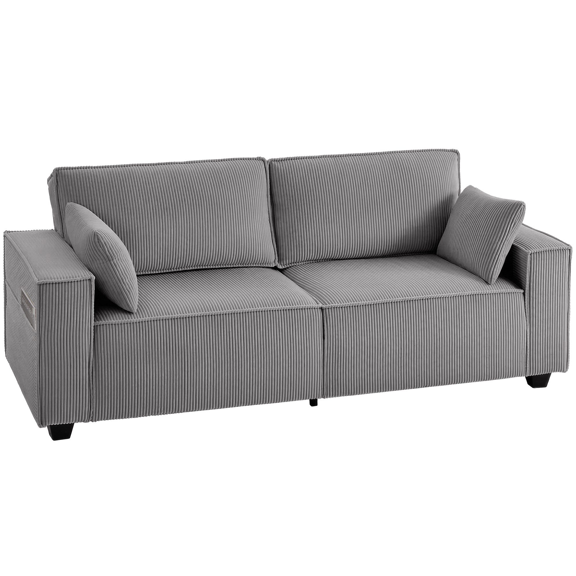 HOMCOM Sofa 2 Kissen Loungesofa, Bequemes Loungesofa 3 Teile, Cordstoff, Taschenfederkern, breite Armlehnen