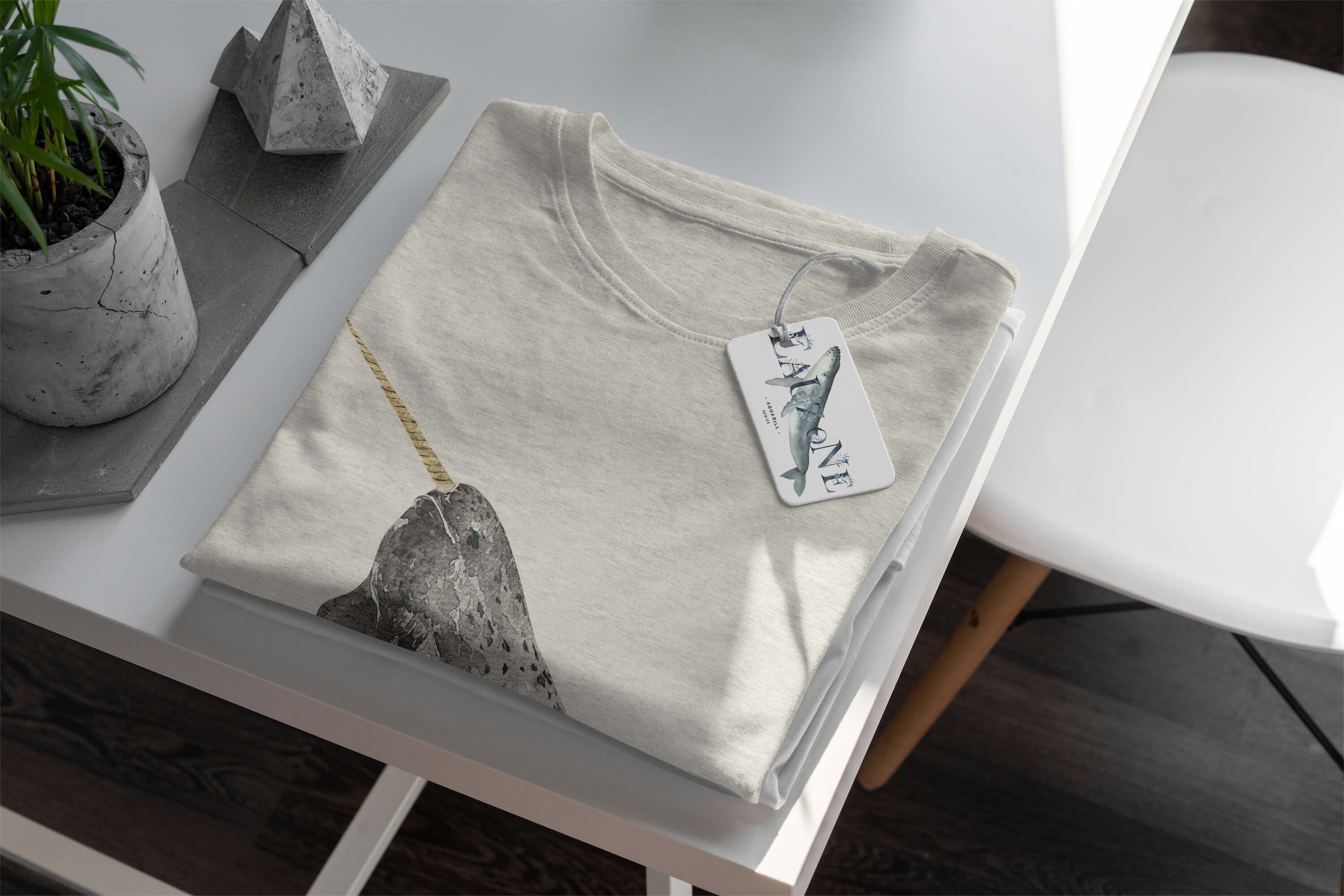 Shirt Wasserfarben Nachhaltig aus Herren Sinus Art Motiv e 100% gekämmte T-Shirt T-Shirt (1-tlg) Ökomode Bio-Baumwolle Narwal