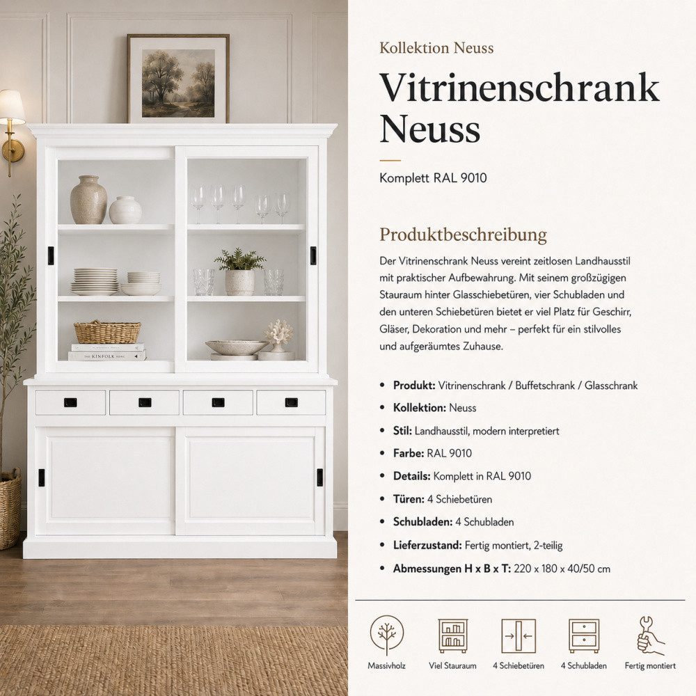 Wohnpalast Vitrine Vitrinen Schrank Neuss 180 cm weiß - Vitrine mit Schiebetüren