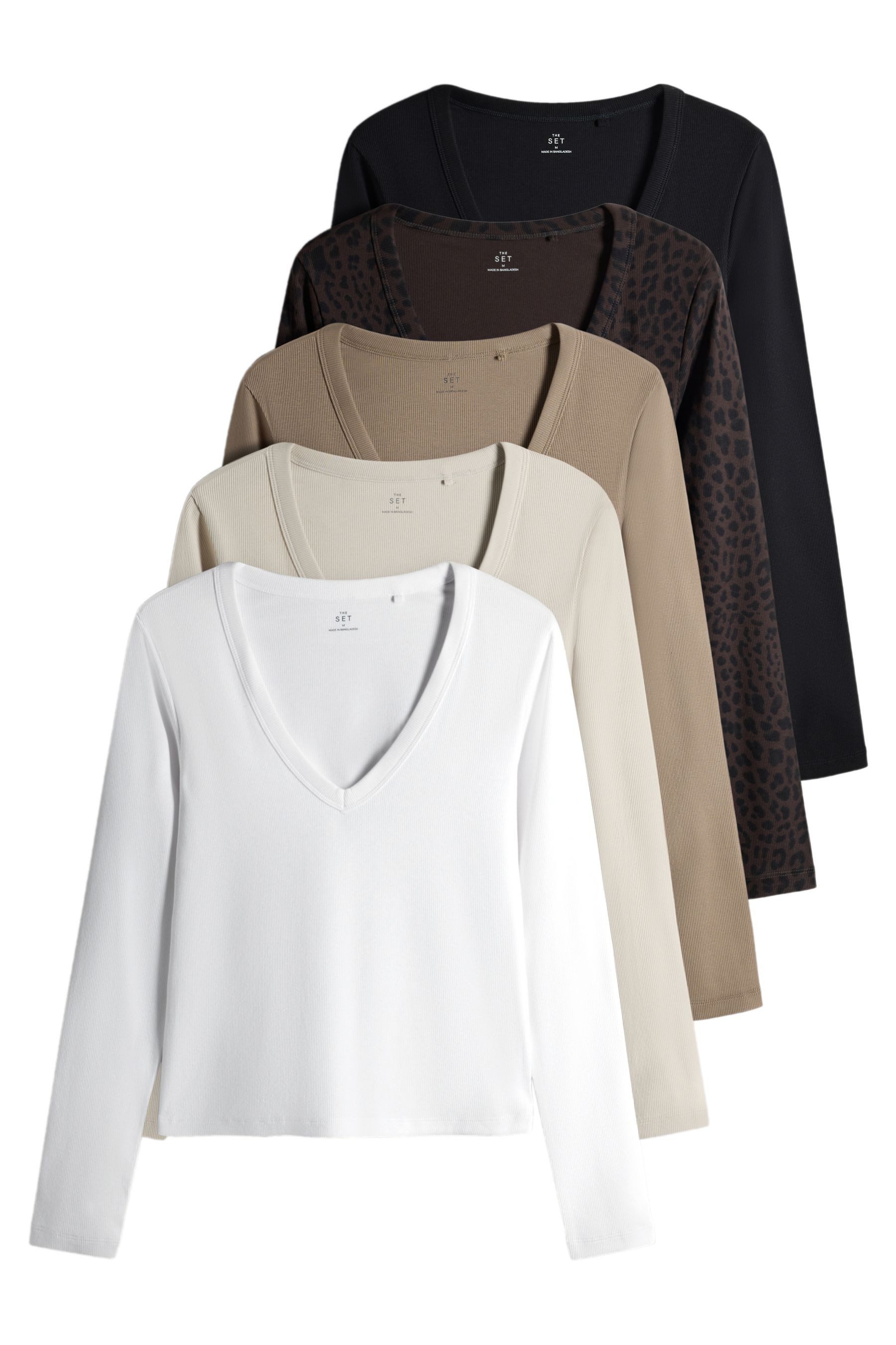 The Set Langarmshirt The Set Gerippte Shirts mit V-Ausschnitt, 5er-Pack (5-tlg)