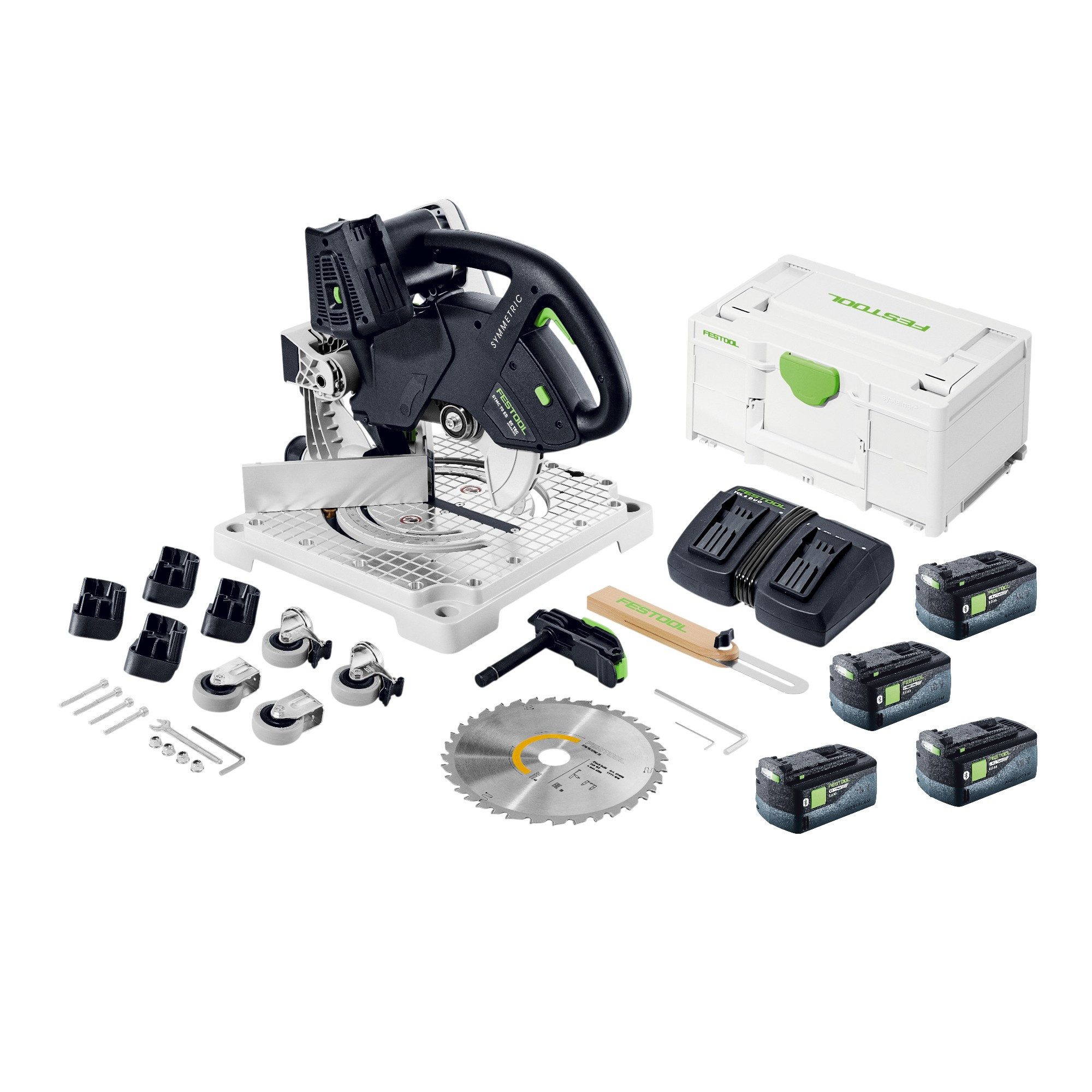 FESTOOL Kompakt-Handkreissäge SYMC 70 EB-Basic Leistensäge 36 V 216 mm + 4x Akku 5 Ah + Doppellader