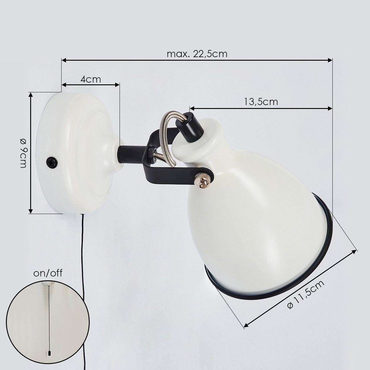 hofstein Wandleuchte »Spadacenta« Vintage Wandlampe aus Metall, Weiß matt/Schwarz, ohne Leuchtmittel, Retro-Design, mit Zugschnur am Gehäuse, 1xE14, verstellbarer Strahler