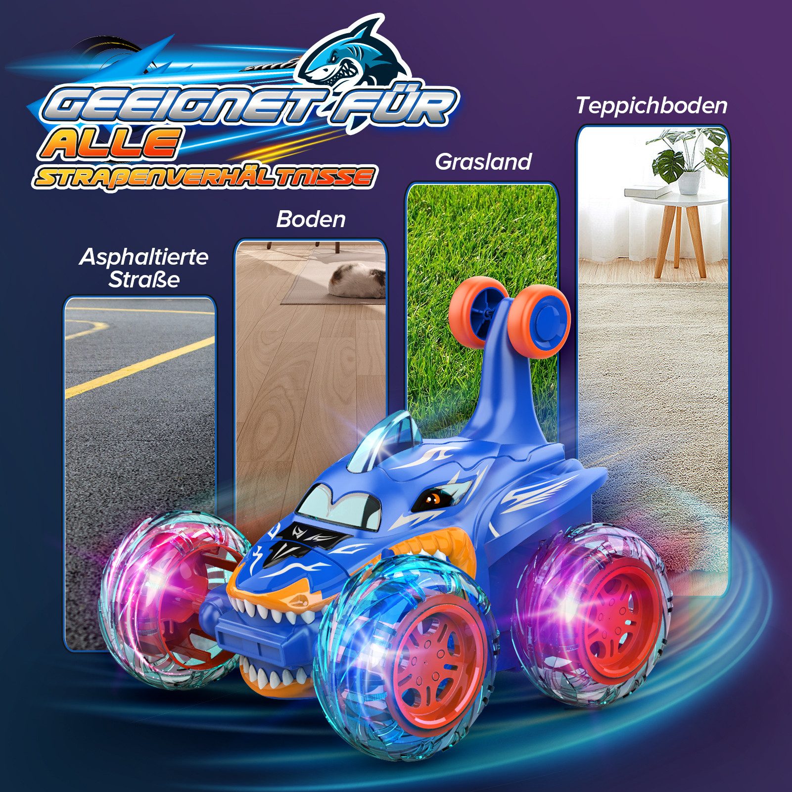 Wootoy RC-Auto Spielzeug-Auto Hai Ferngesteuertes Stuntauto mit 360°-Rotation (USB-Aufladung 4WD-Antrieb robuste Gummireifen, 1-tlg., mit 90°-Vertikalfahrten und LED-Räder), für den Innen- und Außenbereich auf verschiedenen Untergründen
