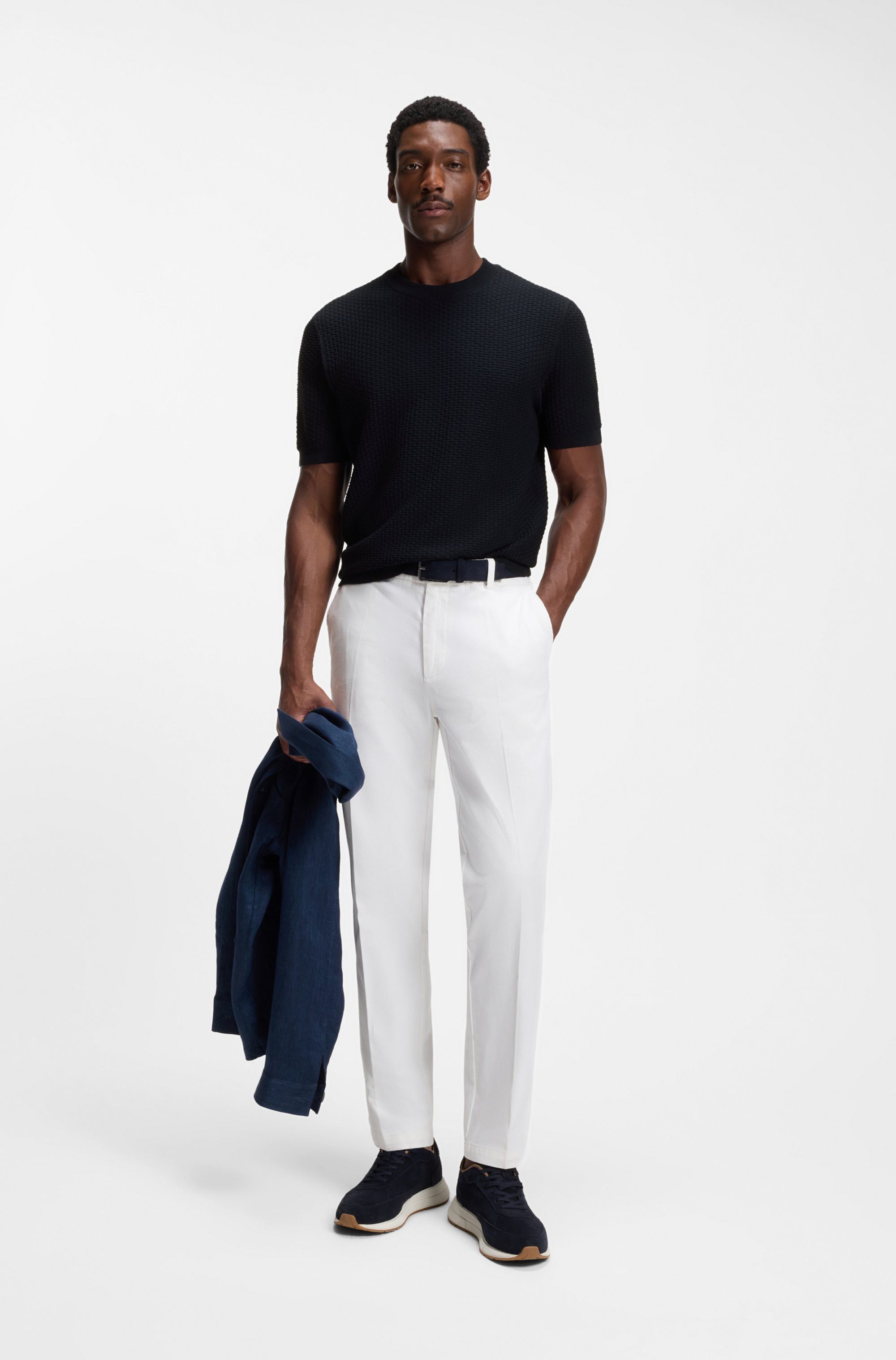 BOSS Kurzarmpullover Nilton Premium Menswear Business-Casual-Look, Strukturstrick-Material
