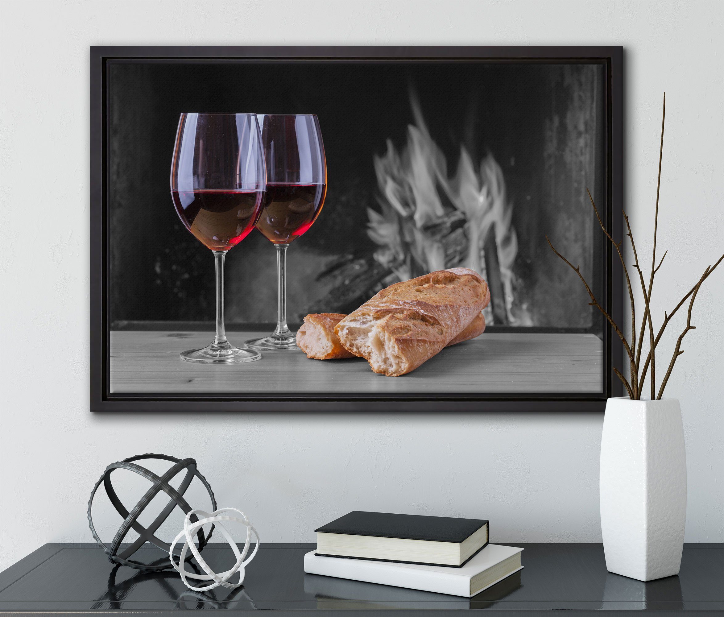 Pixxprint Leinwandbild Baguette Wein Leinwandbild in Picknick, inkl. fertig Schattenfugen-Bilderrahmen bespannt, gefasst, Wanddekoration St), (1 einem Zackenaufhänger