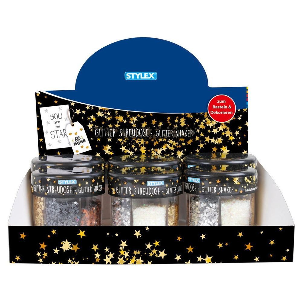 Stylex Schreibwaren Streudeko STYLEX Glitter Streudose 4x Sterne 2x Herzen 60g
