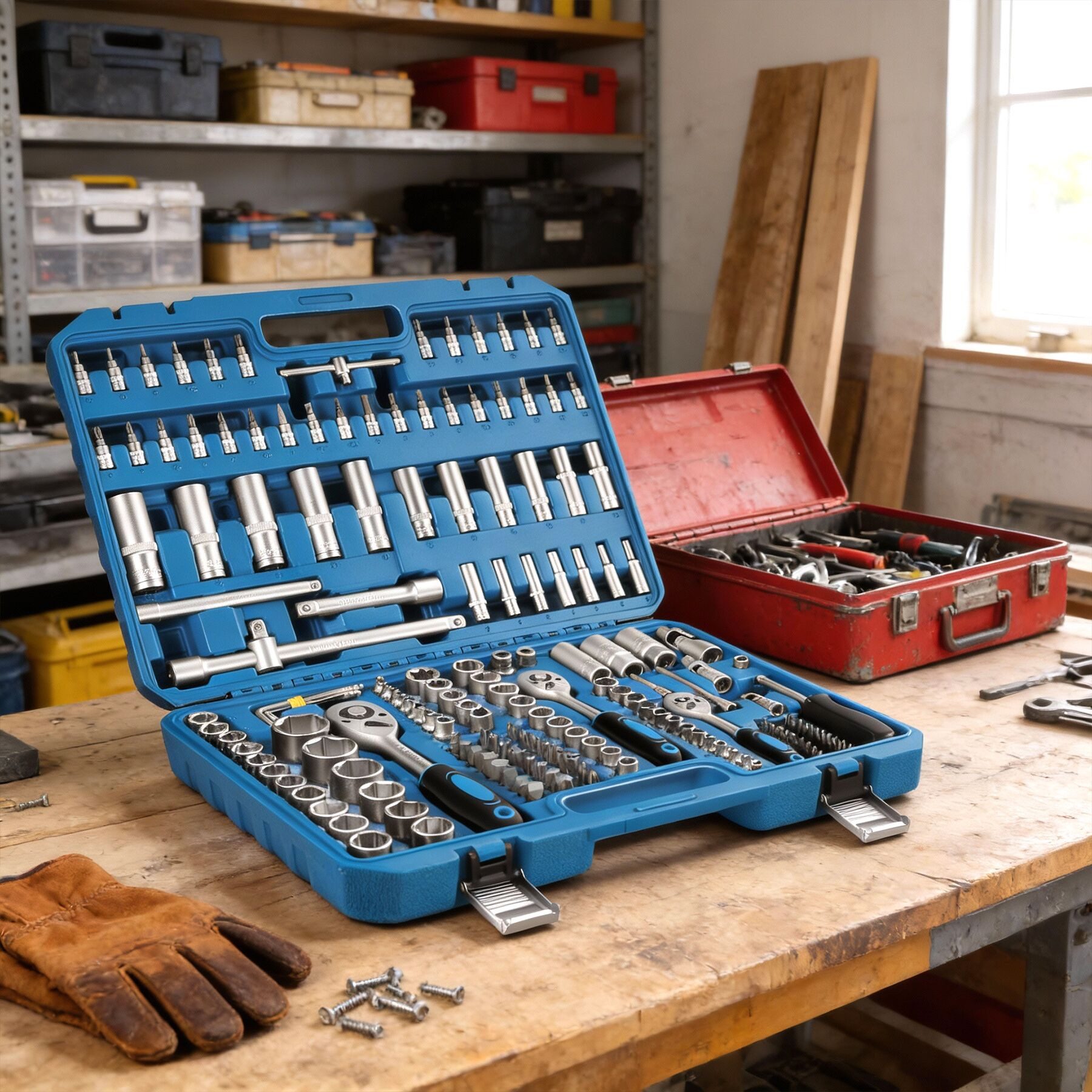 tectake Steckschlüssel Werkzeugkoffer, übersichtliche Anordnung im Kunststoffkoffer (Schraubenschlüssel, 1 St., 171-teilig in blau), aus Chrom Vanadium Stahl mit Kodierung und Kugelfangrille