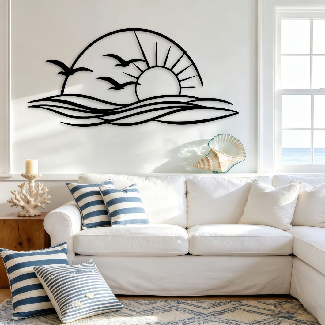 Jumpeak Wanddekoobjekt Wanddeko mit Sonnen und Möwen,Sonnenuntergang,Meereswellen,Strichkunst, Metall,4 Farbe,5 Maße,Strandhorizont,Tropischer,Minimalistischer – Bild 5 von 5