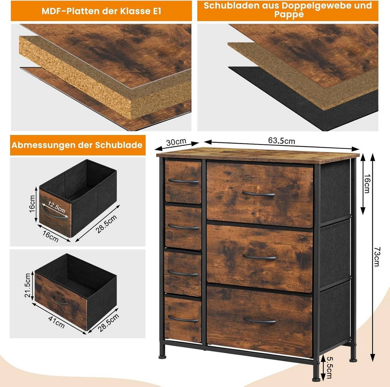 Woltu Kommode (1 St), mit 7 Schubladen aus Stoff, Sideboard, Metallrahmen