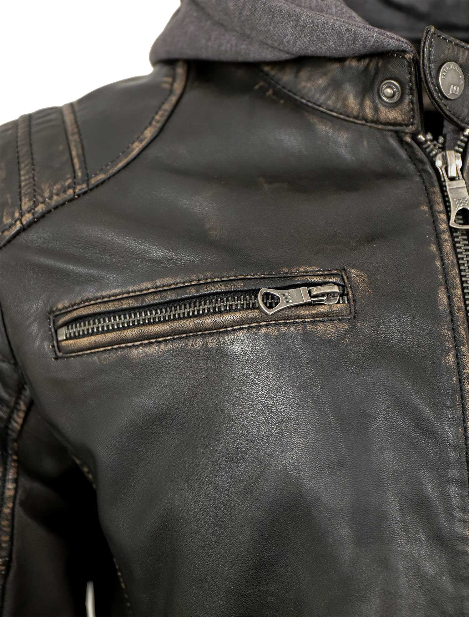 Lederjacken24 Lederjacke Herren Lederjacke Lammnappa Bikerjacke Kapuze schwarz-beige