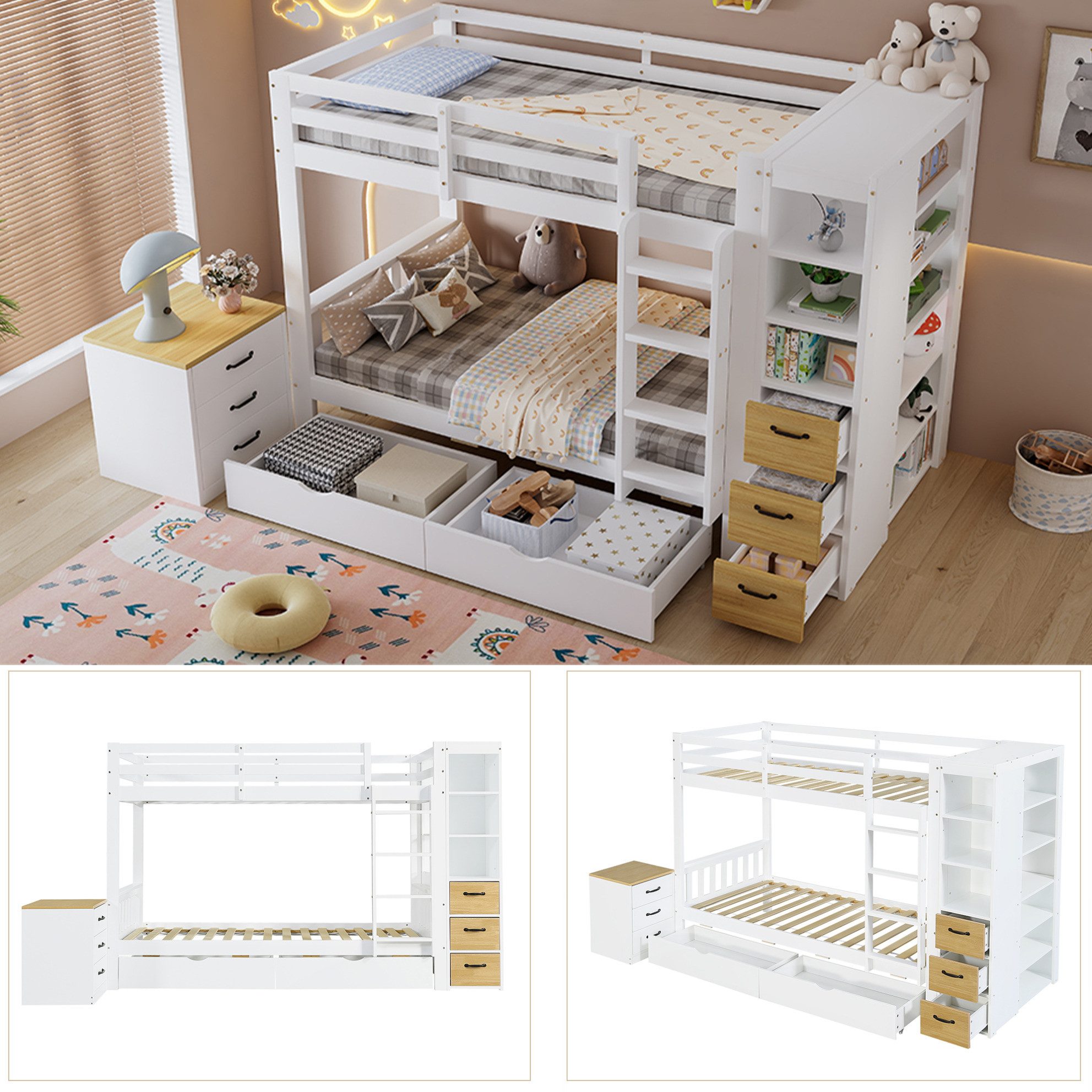 MODFU Etagenbett Funktionsbett mit Aufbewahrungssystem durch Bettkästen und Schubladen (90x200 cm Kinderbett mit seitlichem Regal, Leiter und frei stellbarer Nachtablage, Stauraumbett Holzbett), ohne Matratze