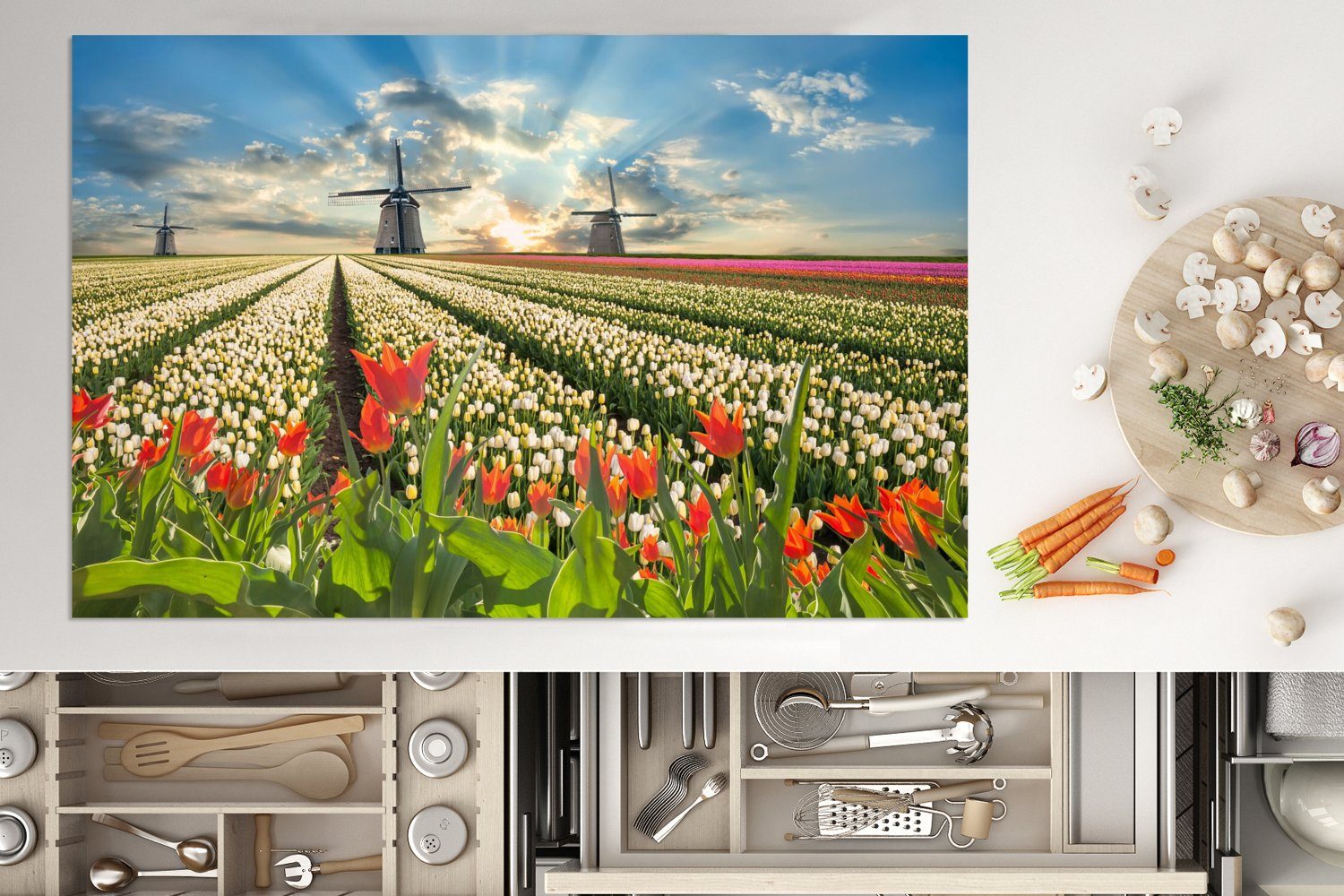 küche, für cm, 80x52 - - tlg), Himmel Natur, die Ceranfeldabdeckung Tulpen - Schutz Vinyl, Induktionskochfeld MuchoWow (1 Herdblende-/Abdeckplatte Windmühle