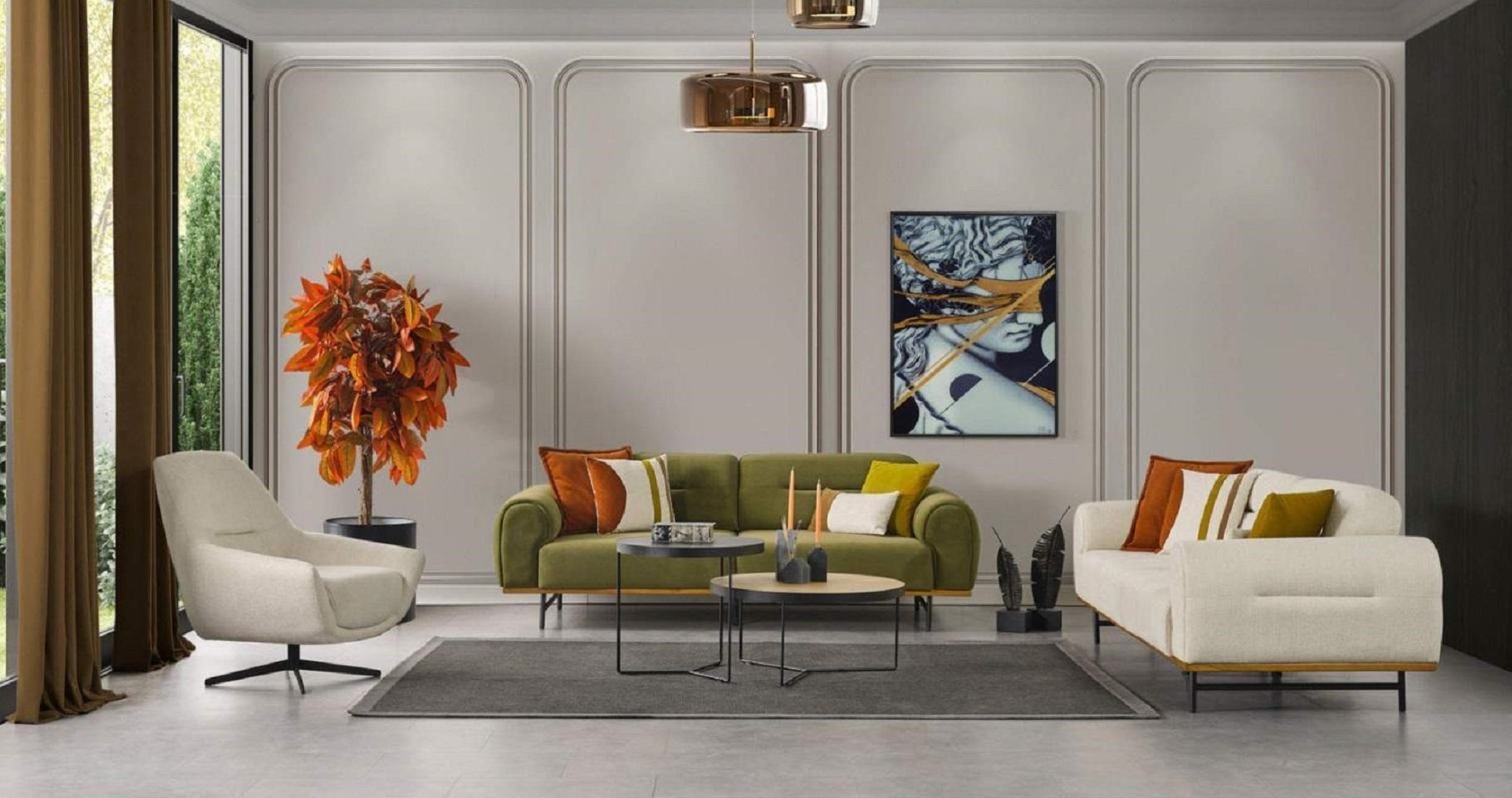 + von in Luxus Sitzer Nur Made 2x set Wohnzimmer (3-St., 2tlg. Design Beige Farbe Wohnzimmer-Set Europe Sessel), 3 Modern JVmoebel Neuheit, Möbel