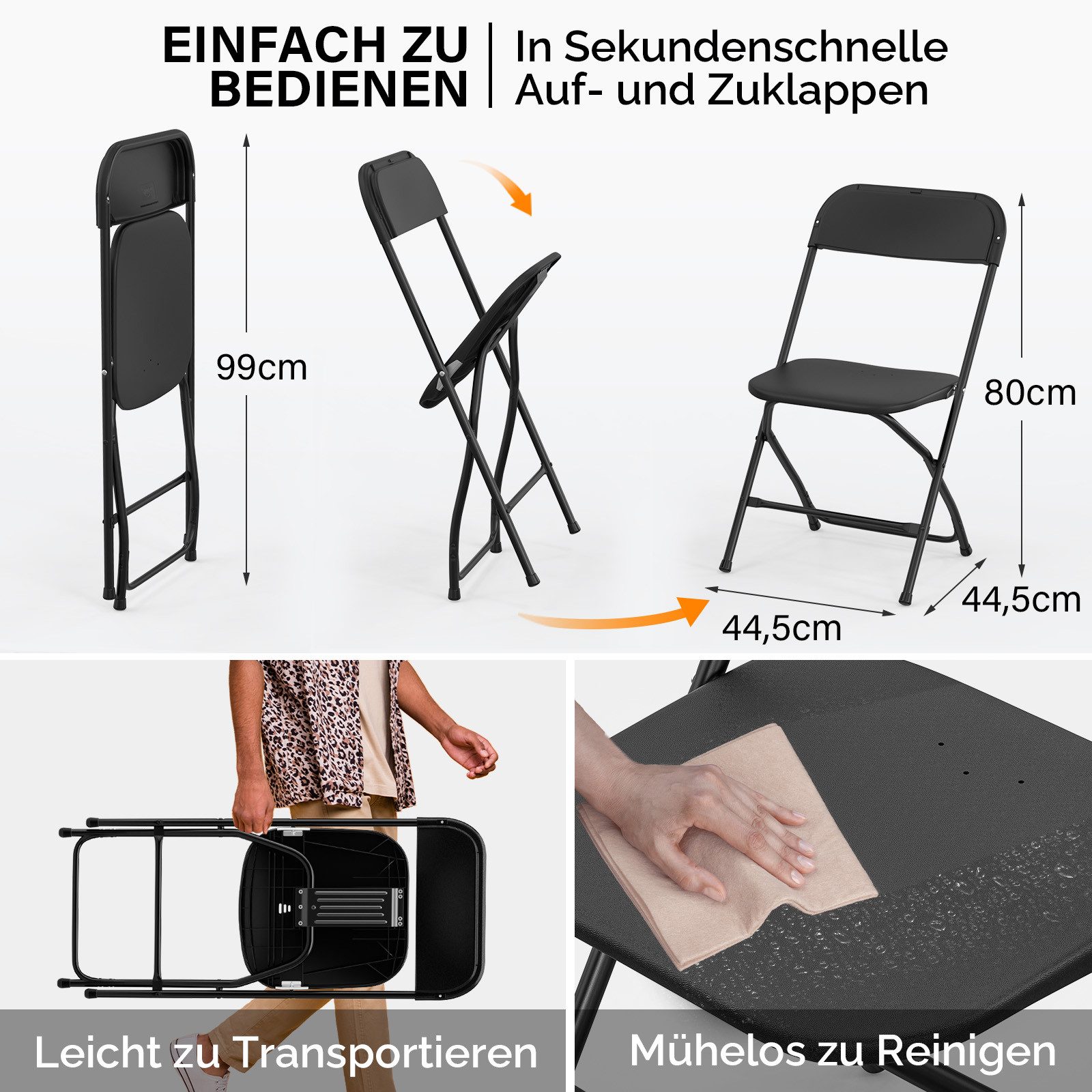 VINGLI Klappstuhl 2er/4er/6er/8er/10/12er Set, Klappstühle aus Metall & Kunststoff (6 St), für Innen- & Außenbereich, bis 159KG, Schwarz/Weiß – Bild 3 von 5