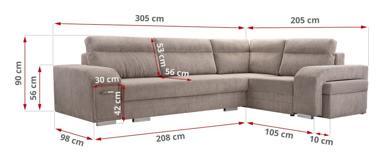 MKS MÖBEL Ecksofa ALVA, - L-Form Sofa Minibar mit Hocker Lincoln Beige Mit Schlaffunktion und