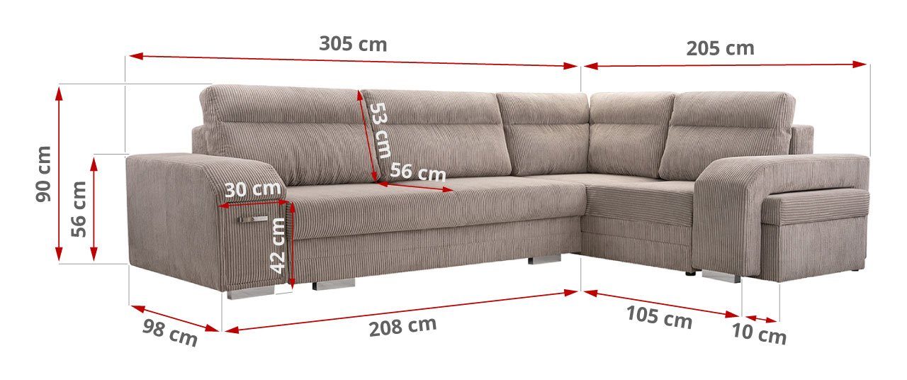 Lincoln und MKS Hocker ALVA, L-Form MÖBEL Sofa Beige Schlaffunktion Minibar Mit - mit Ecksofa