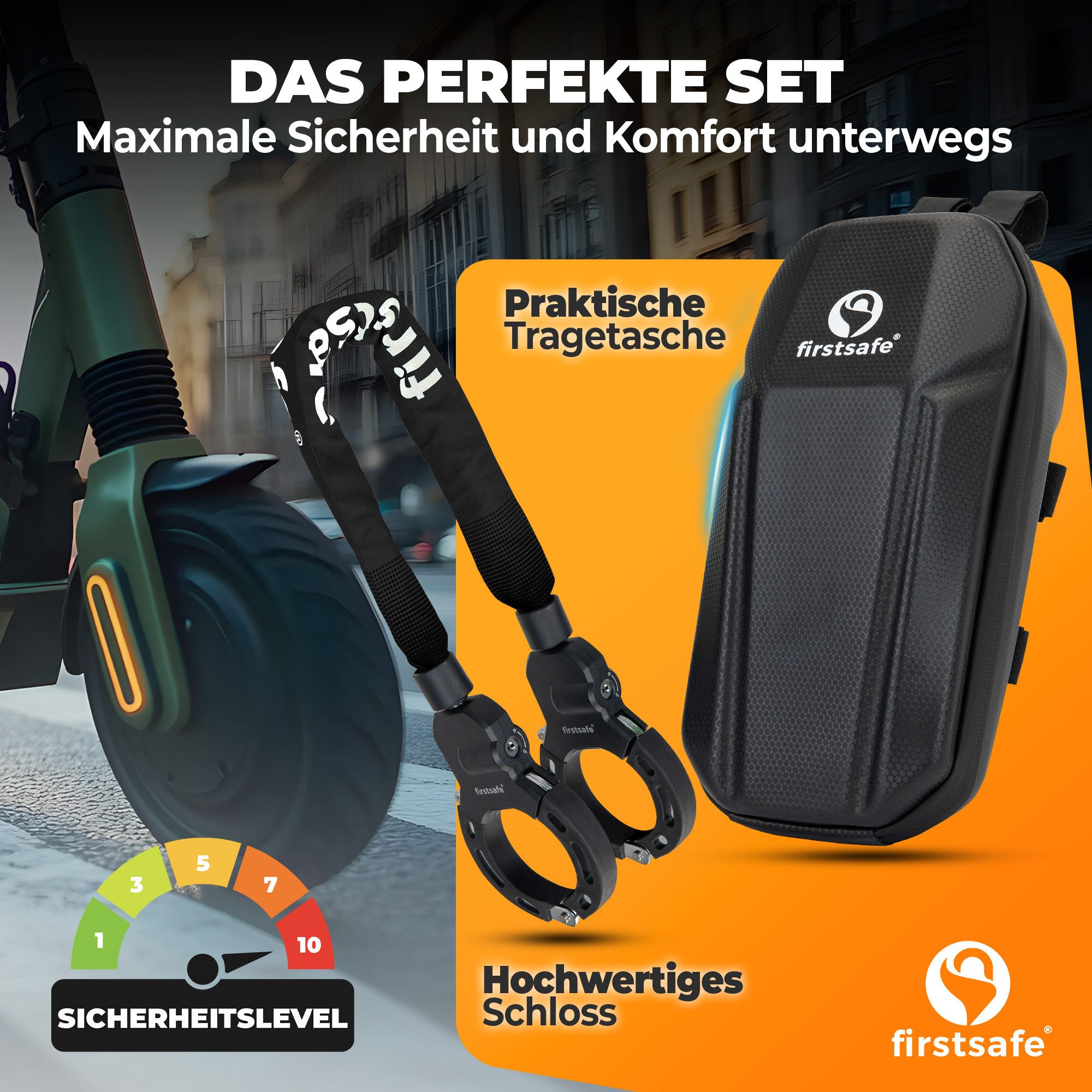 firstsafe Kettenschloss Handschellenschloss für E Scooter Schloss und Fahrrad mit Tasche (Set, Schloss + Tasche, 3 Schlüssel), Inklusive Scooter-Tasche – Bild 2 von 5